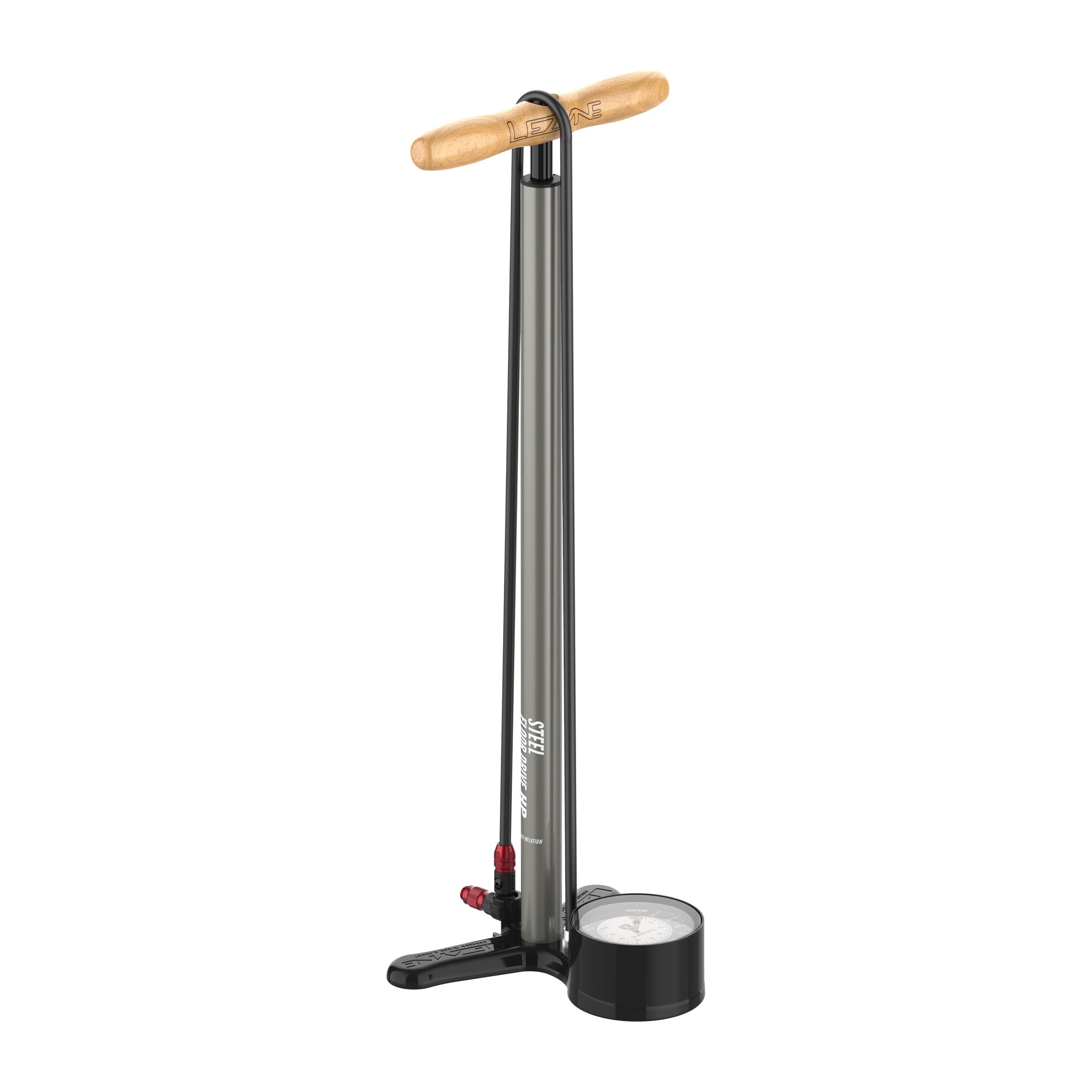 Sturdy and stylish Steel Floor Drive 3.5 floor pump with painted steel barrel, wood handle, and a durable aluminum base. Two color options.