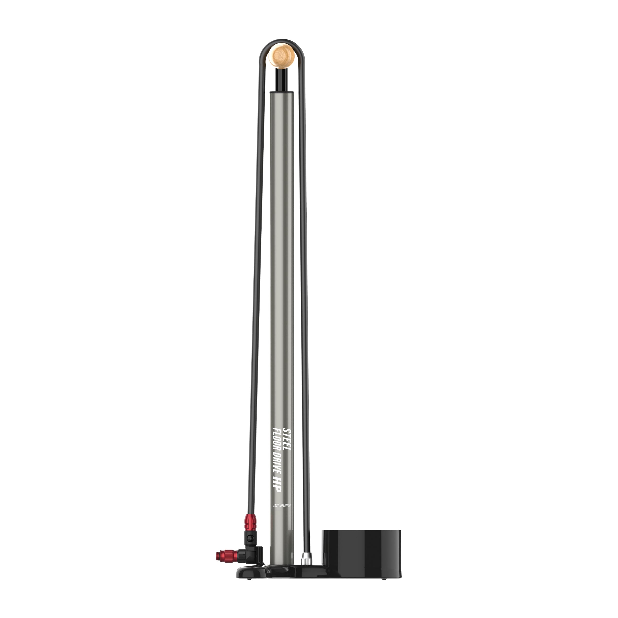Lezyne Steel Floor Drive 3.5, the ultimate high-pressure floor pump with a classic wood handle and oversized analog gauge.