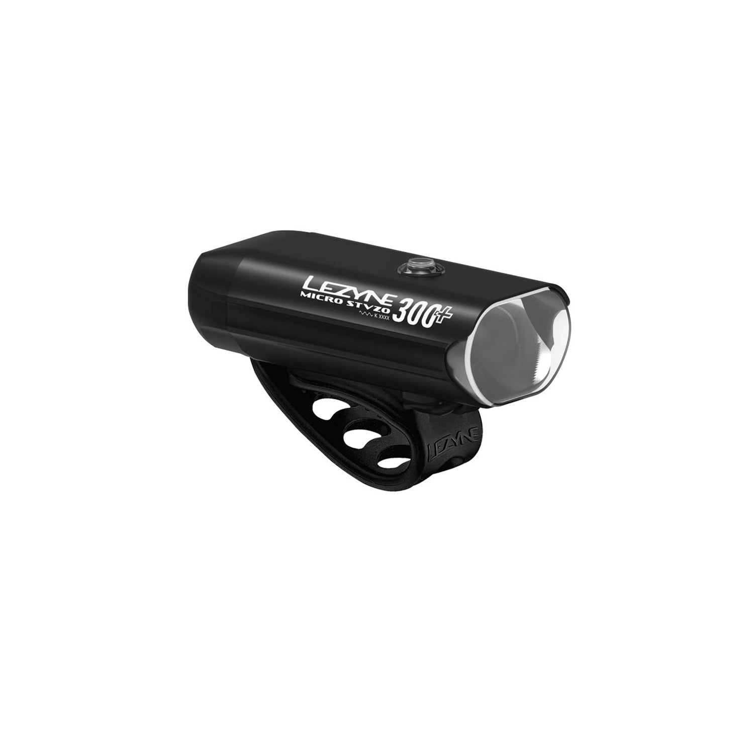 Lezyne Micro StVZO 300+ front light, black aluminum housing, side front view.