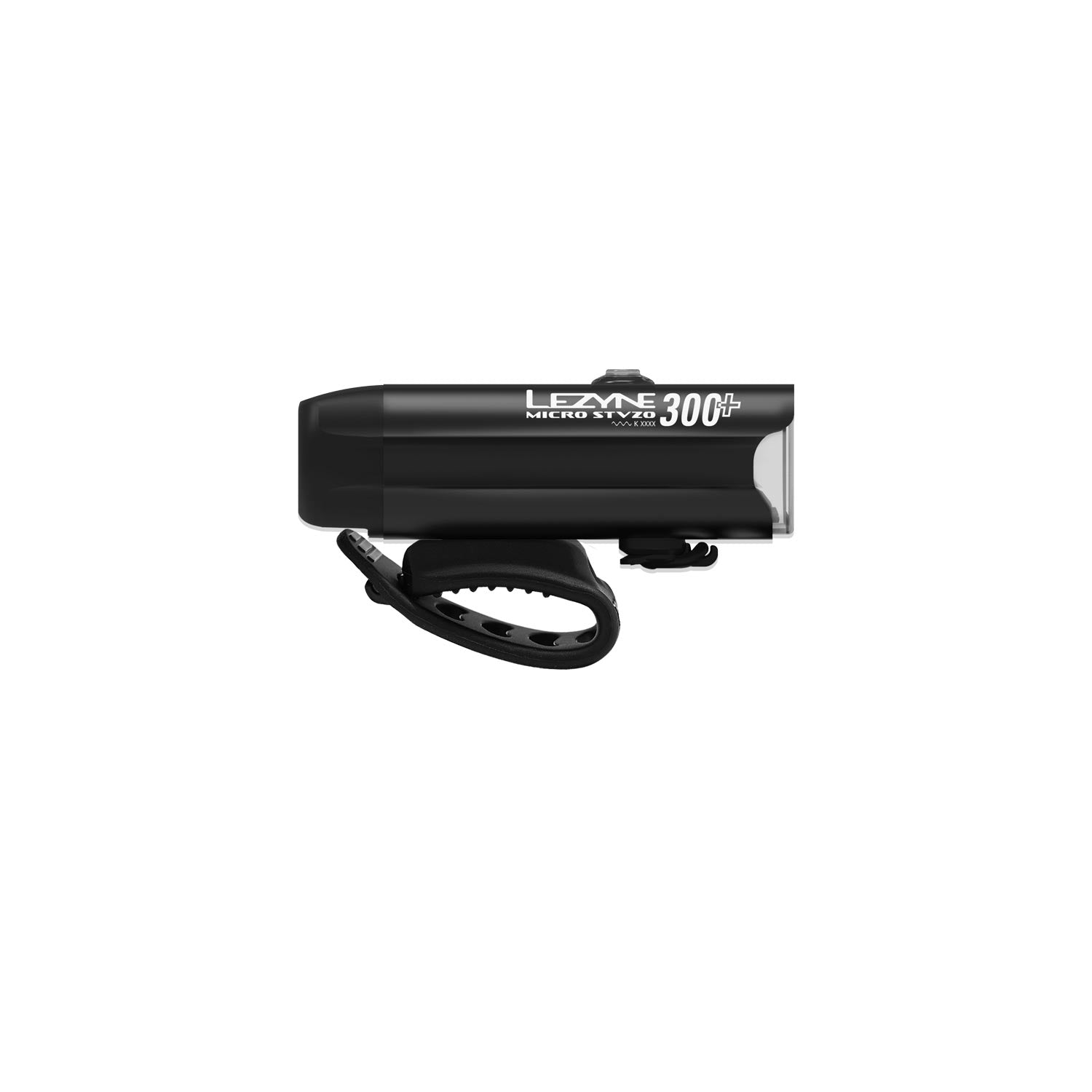 Lezyne Micro StVZO 300+ front light, black aluminum housing, side view.