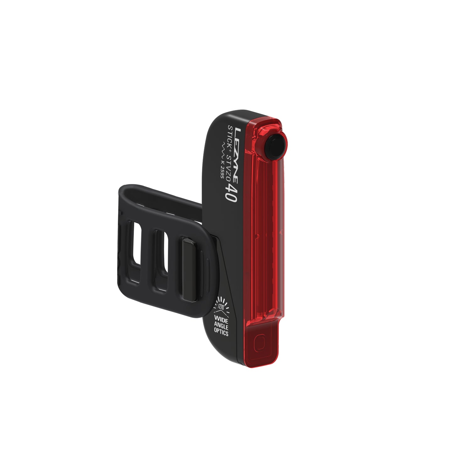 Lezyne STICK+ StVZO REAR LED bike light with a versatile rubber mounting strap, ensuring a secure and adjustable fit on various seatpost shapes.