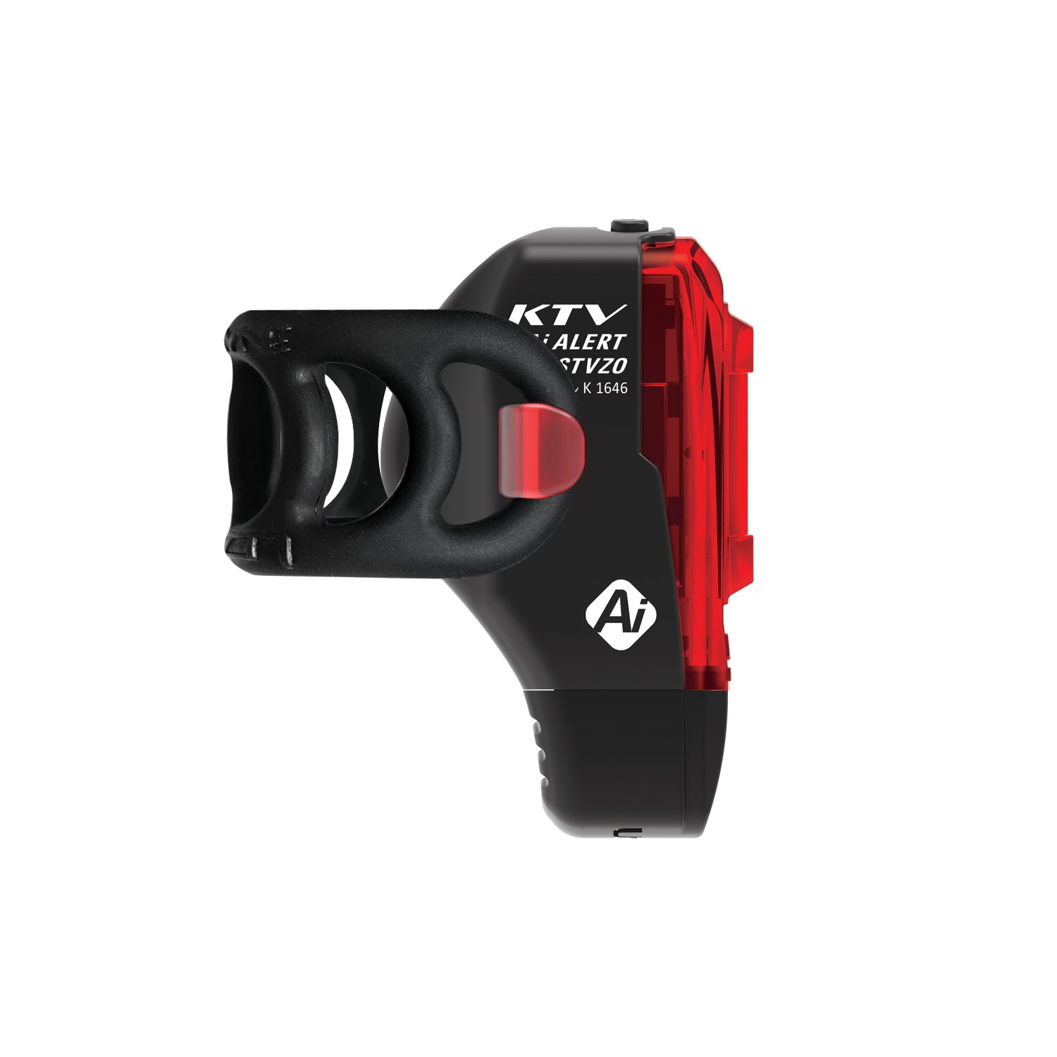 Side view of the Lezyne KTV PRO Ai ALERT StVZO rear bike light mounted on a seatpost, showing its compact, aerodynamic design, wide-angle lens, and USB-integrated, waterproof casing.