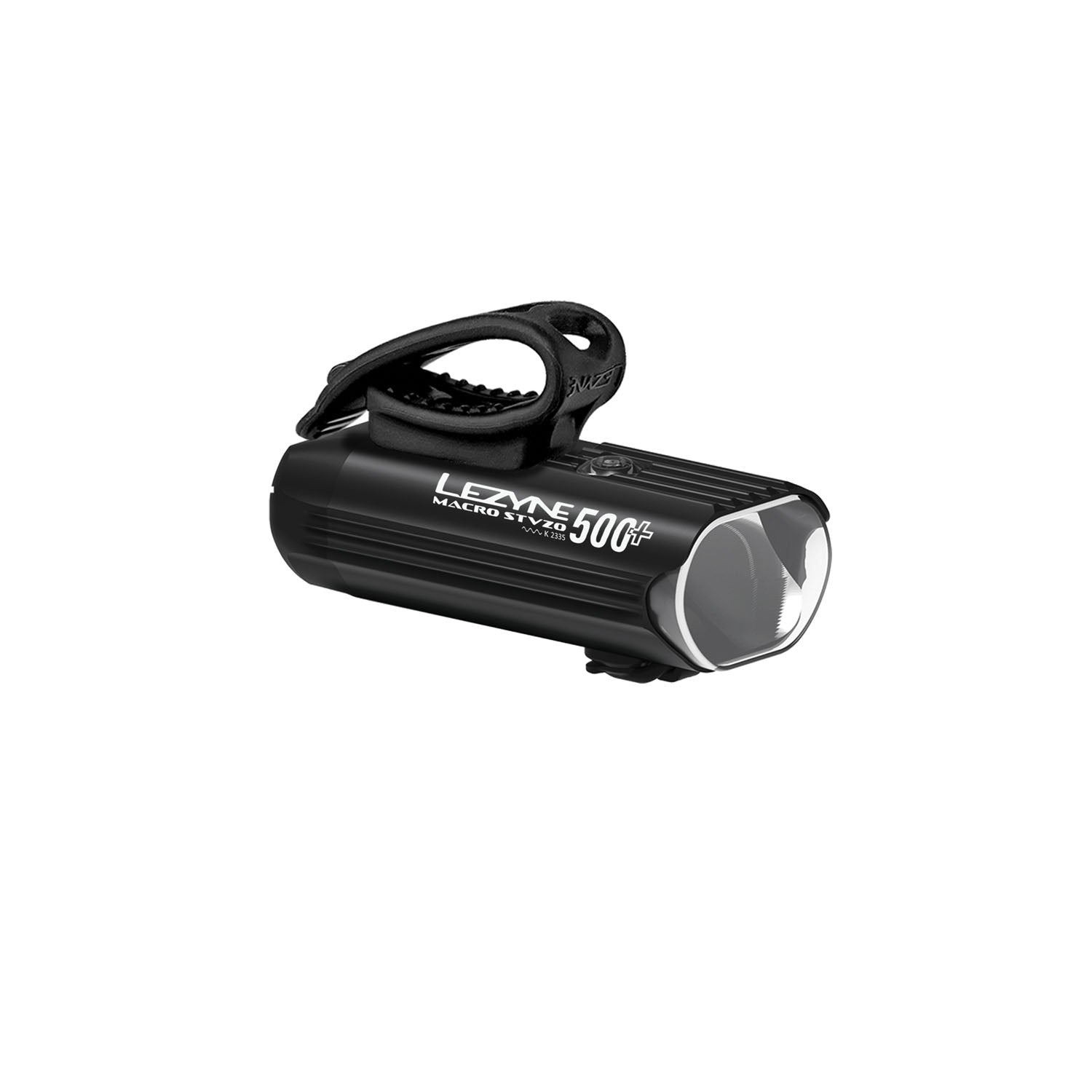 Lezyne Macro StVZO 500+ Reverse front light, black aluminum housing, side front view.