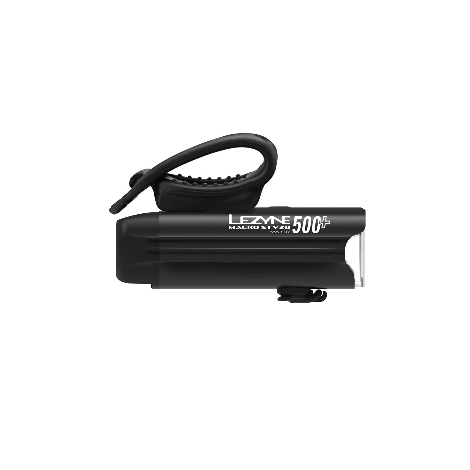 Lezyne Macro StVZO 500+ Reverse front light, black aluminum housing, side view.