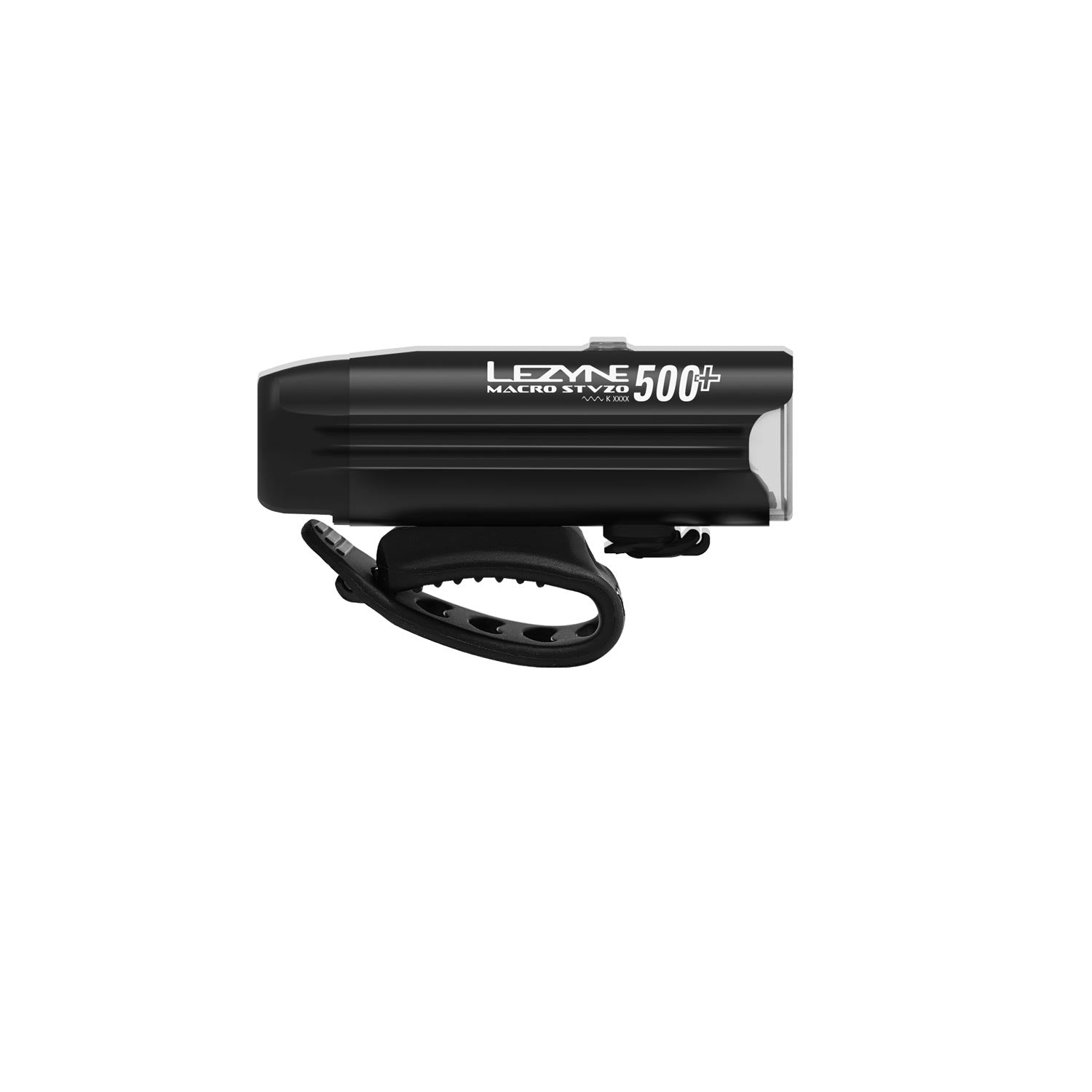 Lezyne Macro StVZO 500+ front light, black aluminum housing, side view.