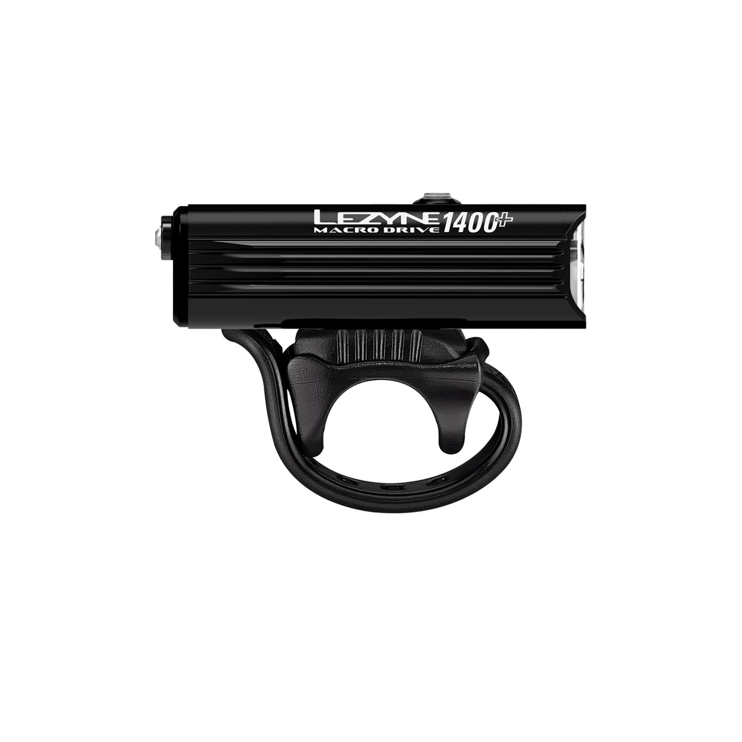 Side view of MACRO DRIVE 1400+ LED front bike light with secure strap mount for reliable handlebar attachment on every bicycle.