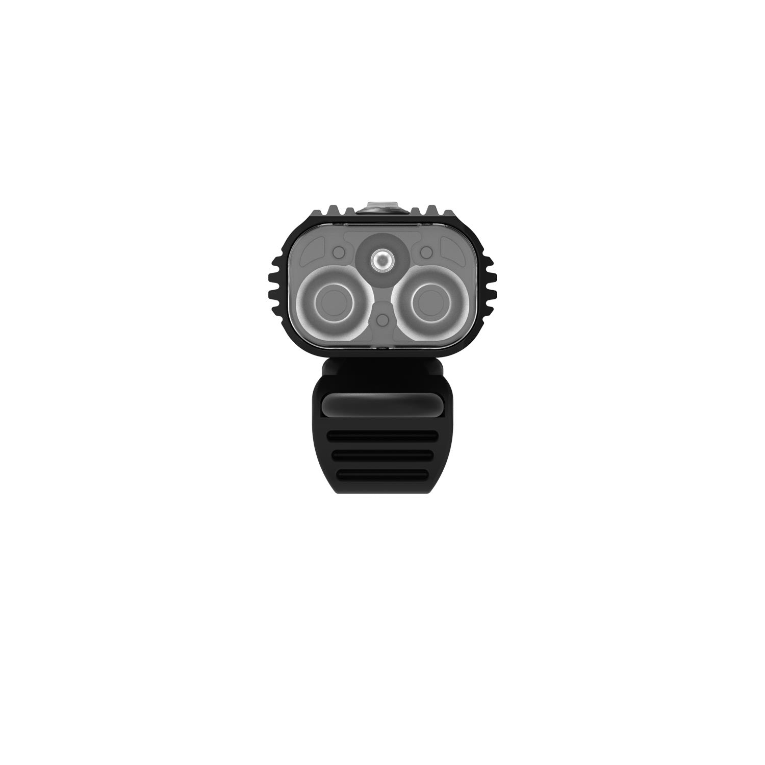 Front view of Super Drive 1800+ Smart LED bike light, showing individual LEDs and aluminum cooling fin design.