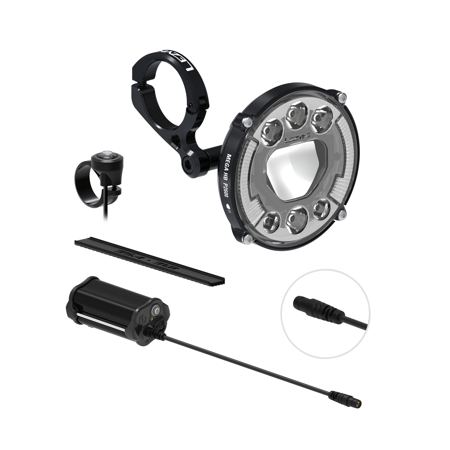 Lezyne MEGA HB StVZO P2600 Loaded Kit, featuring a high-performance LED front bike light with 1000 lumens output and 2600 lumens high beam mode. Also includes Power Pack XL for extended runtime, Mega Mount S for secure attachment, and a remote switch for seamless on-the-go control.