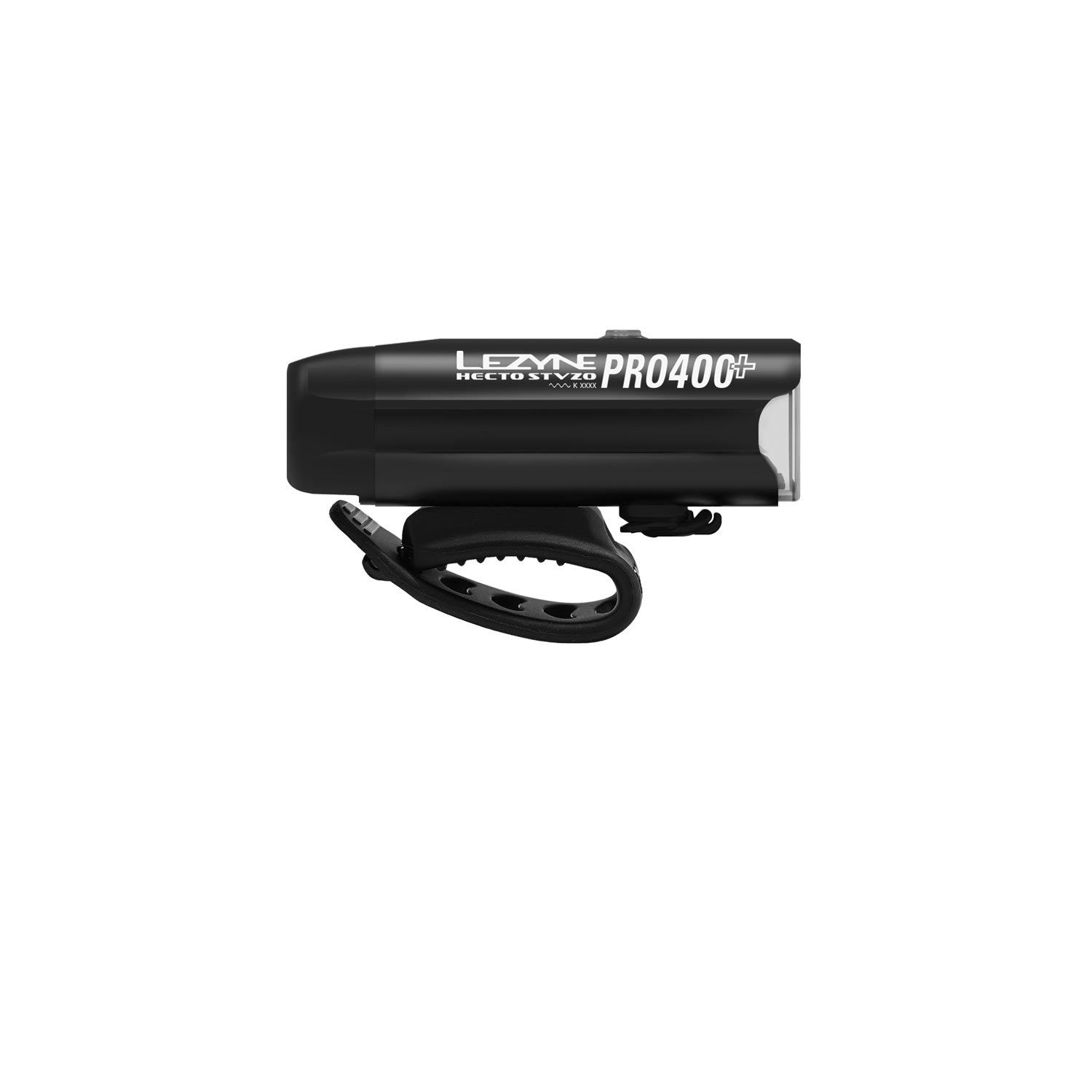 Lezyne Hecto Pro StVZO 400+ front light, black aluminum housing, side view.