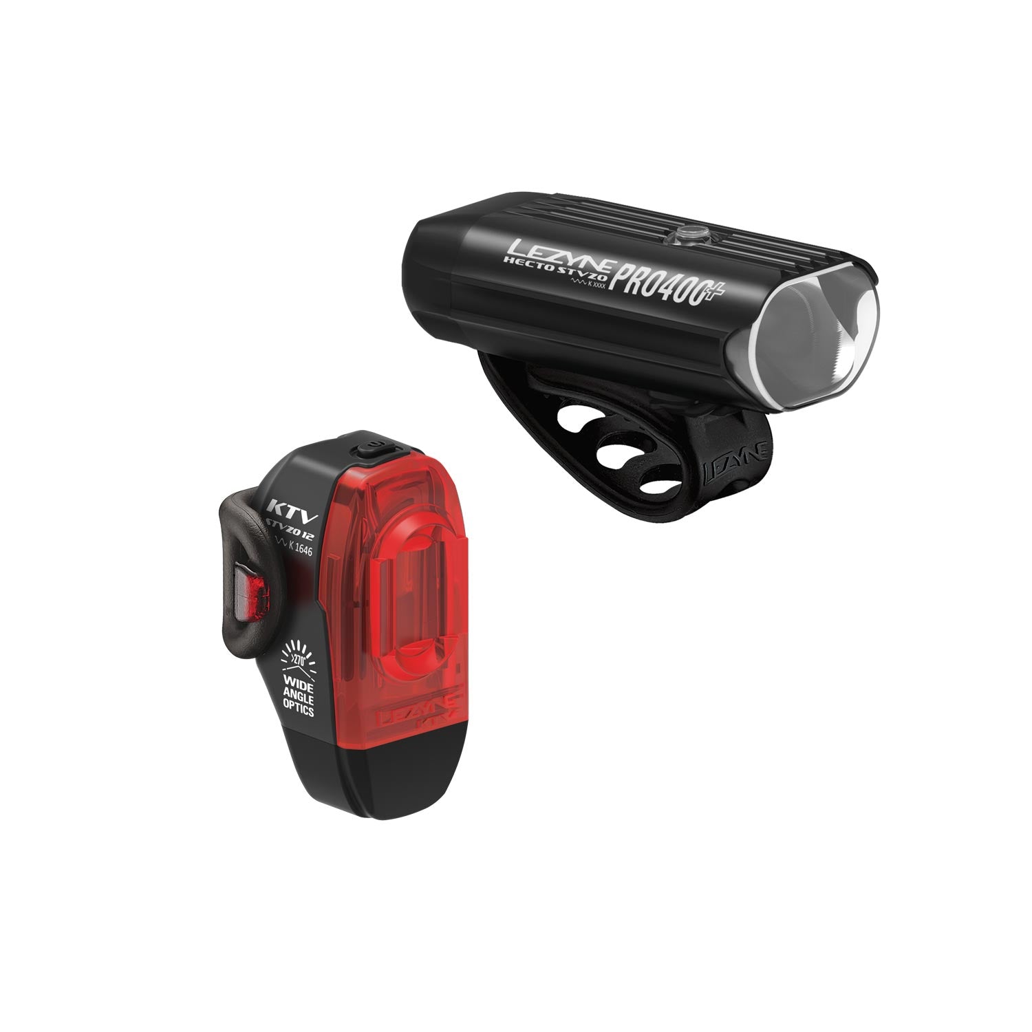 HECTO PRO StVZO 400+ front light with 400 lumens, 4-hour runtime, waterproof USB-C charging, and CNC-aluminum construction. KTV DRIVE StVZO rear light with 11 lumens, 180-degree side visibility, and integrated USB recharging.