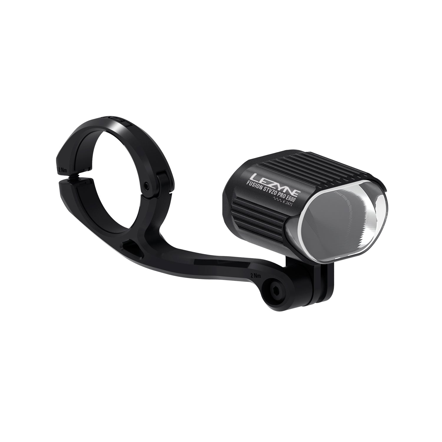 Lezyne E-BIKE FUSION PRO StVZO E600 LED front bike light with forward center mount, providing a secure and optimized position for enhanced road visibility and stability.