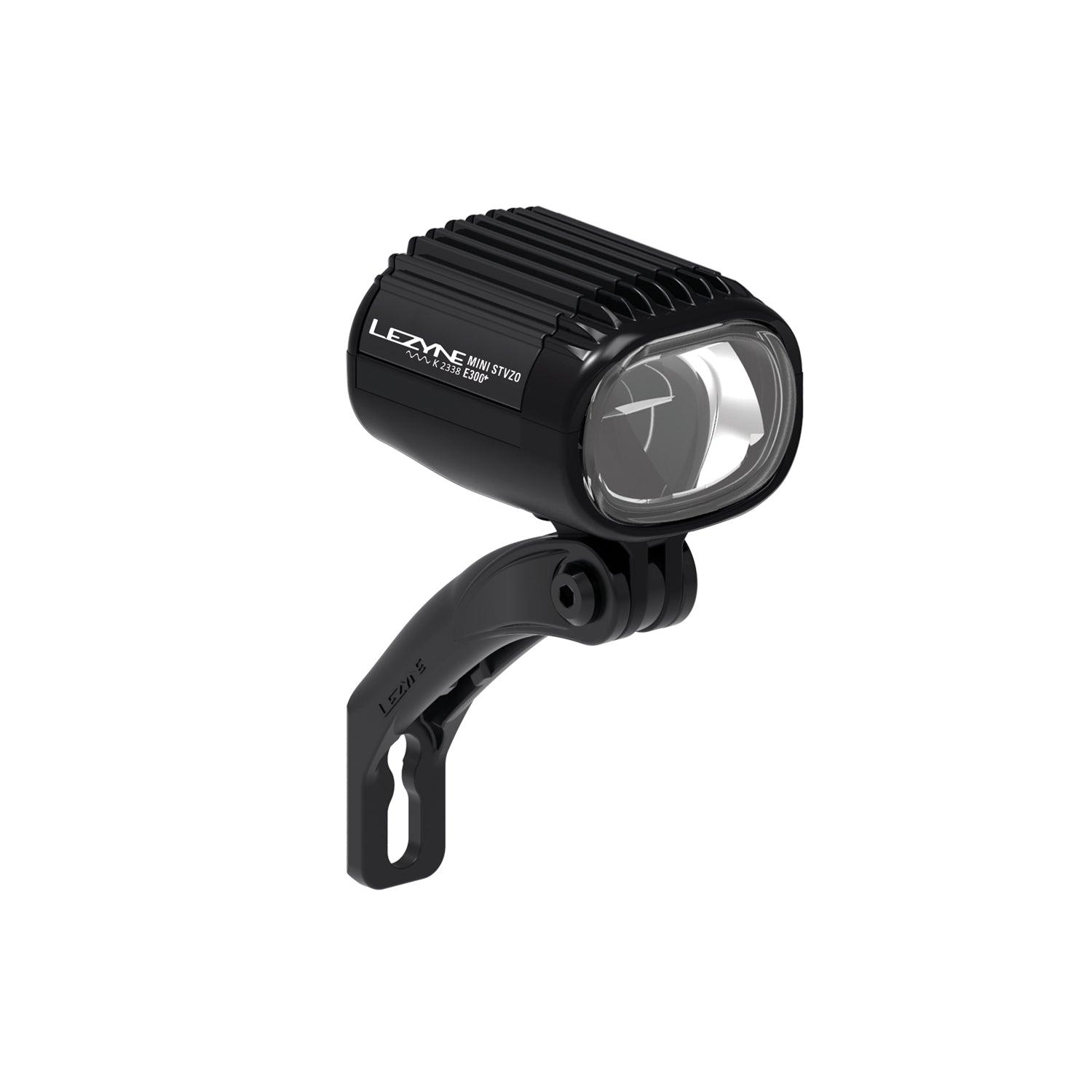 Lezyne E-BIKE MINI StVZO E300+ LED front bike light with Composite Matrix fork mount, featuring stealth wire integration for a clean and seamless e-bike setup.