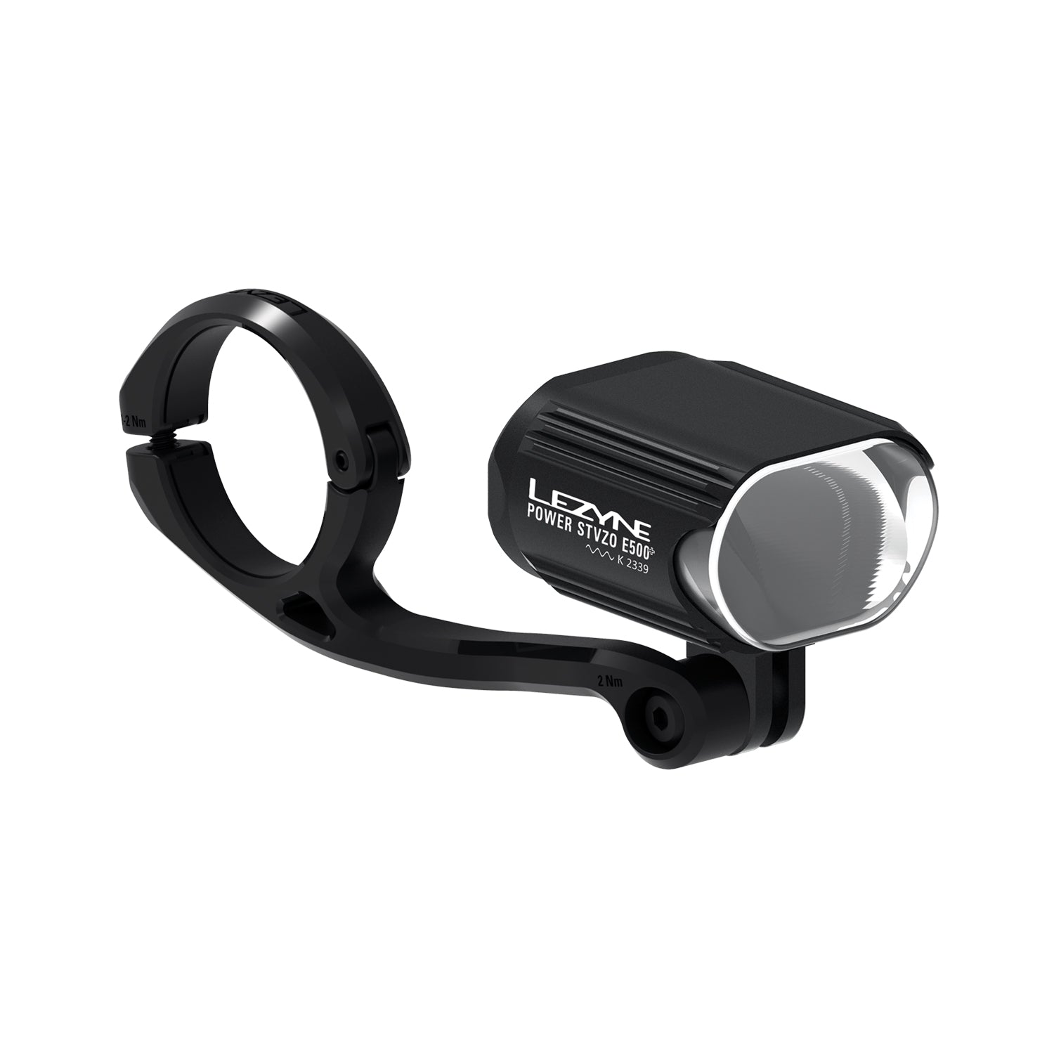 Lezyne E-BIKE POWER StVZO E500+ LED front bike light with forward center mount, offering a secure and optimized position for enhanced road visibility on e-bikes.
