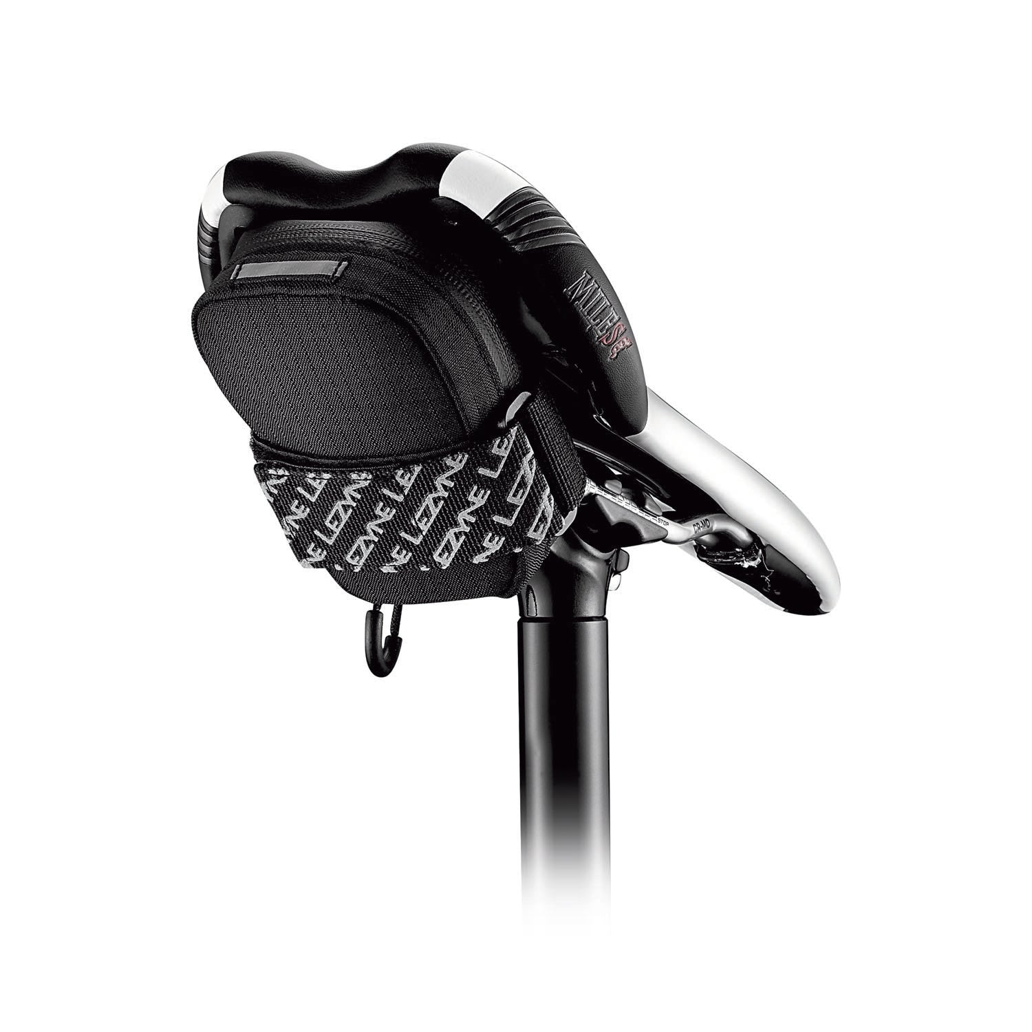 Compact Lezyne Road Caddy saddle bag featuring a water-resistant zipper and reflective accents for enhanced nighttime visibility.