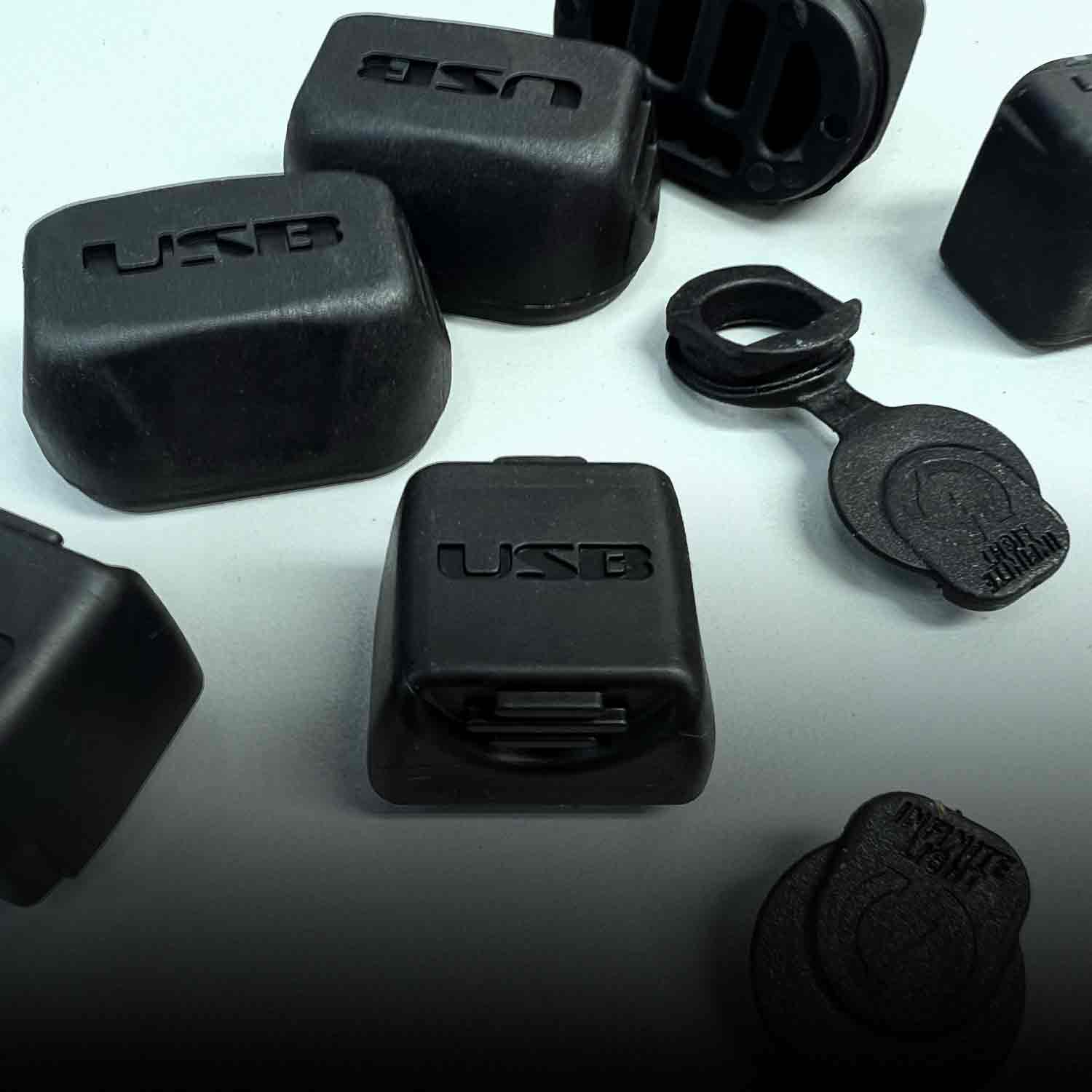 Several end caps with USB embossed on them