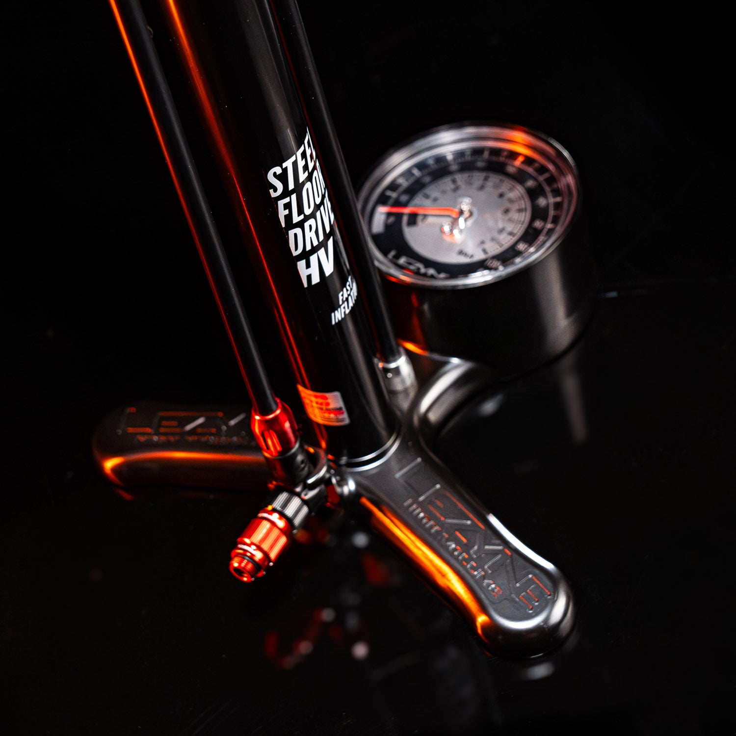 Lezyne Steel HV Floor Drive 3.5 bicycle pump with ergonomic wood handle, high-strength hose and accurate 3.5-inch pressure gauge.