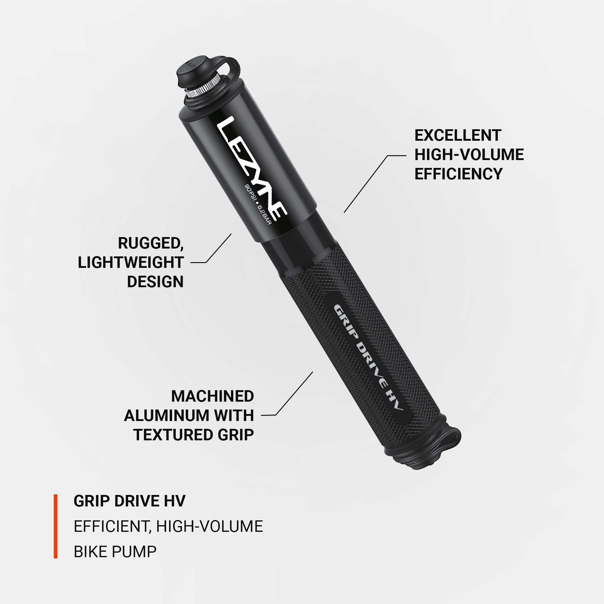 Black Grip Drive HV mini bike pump with textured aluminum barrel, shown for high-volume efficiency and lightweight design.