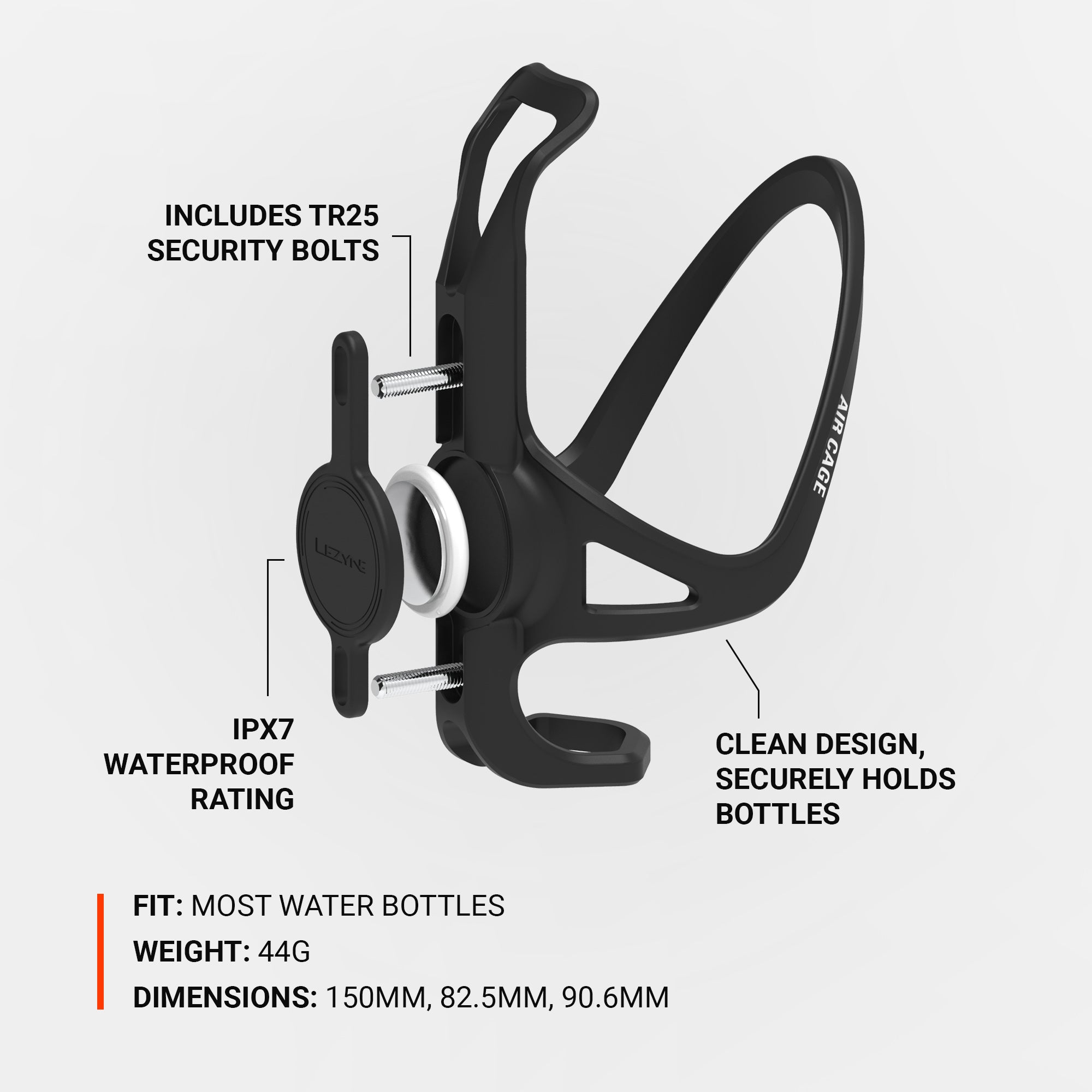 Lezyne Matrix Air Cage conceals an Apple Air Tag within the bottle cage includes TR25 security bolts.