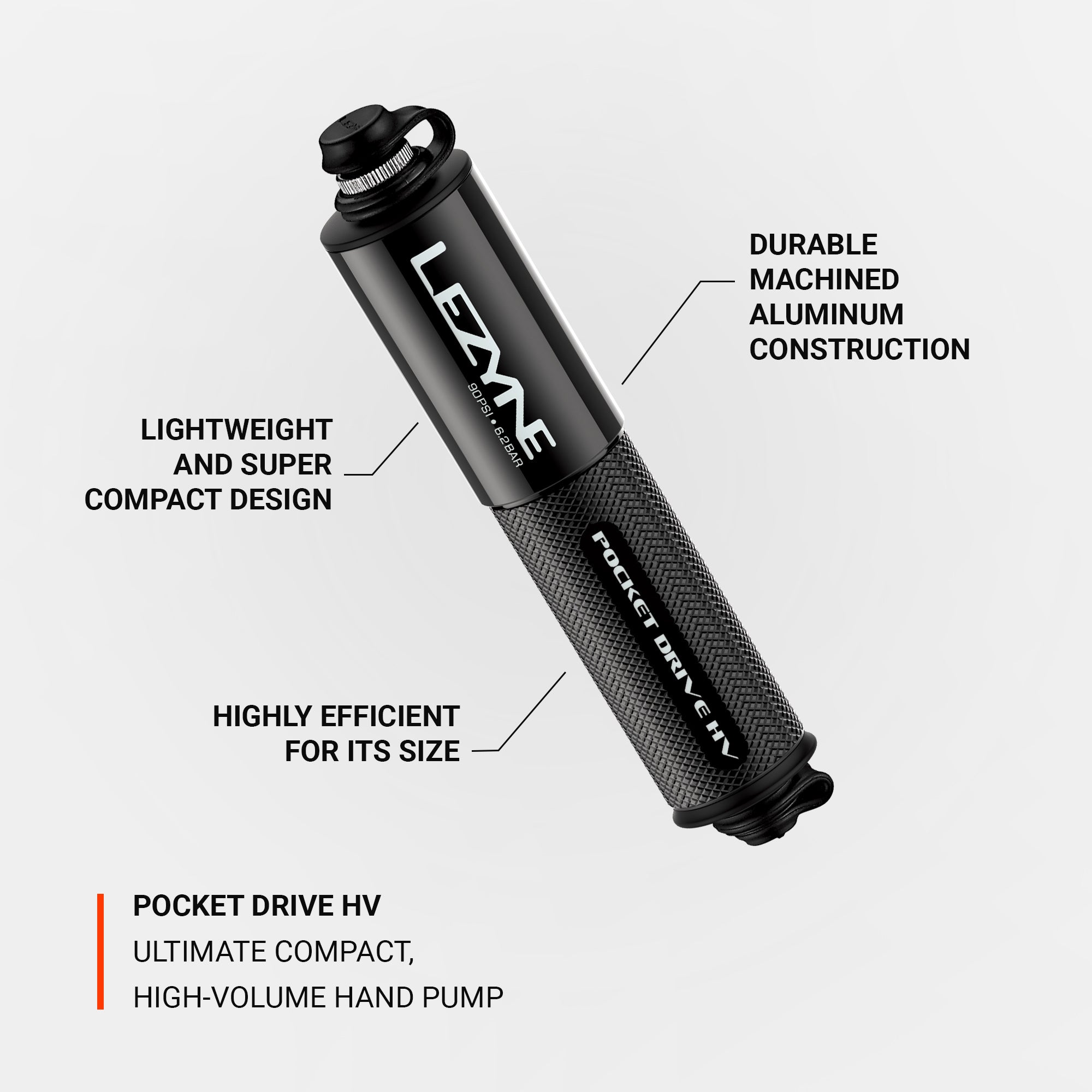 Lezyne Pocket Drive HV high-volume hand pump, offering best-in-class pumping efficiency in a durable, compact design.