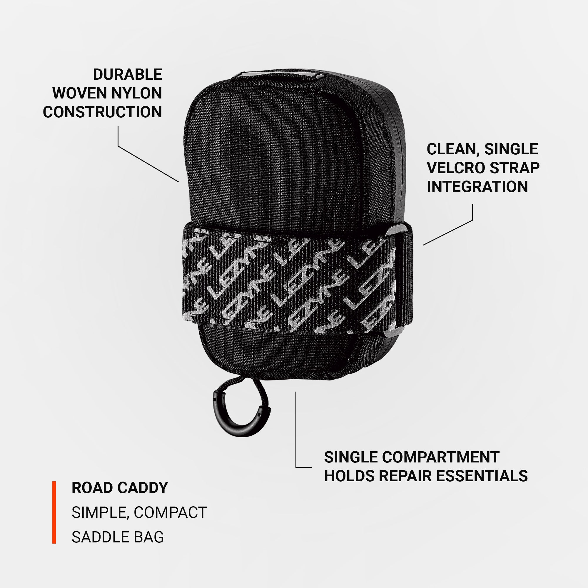 Road Caddy bike saddle bag with wide clamshell opening, reflective details, and water-resistant construction for road cyclists.