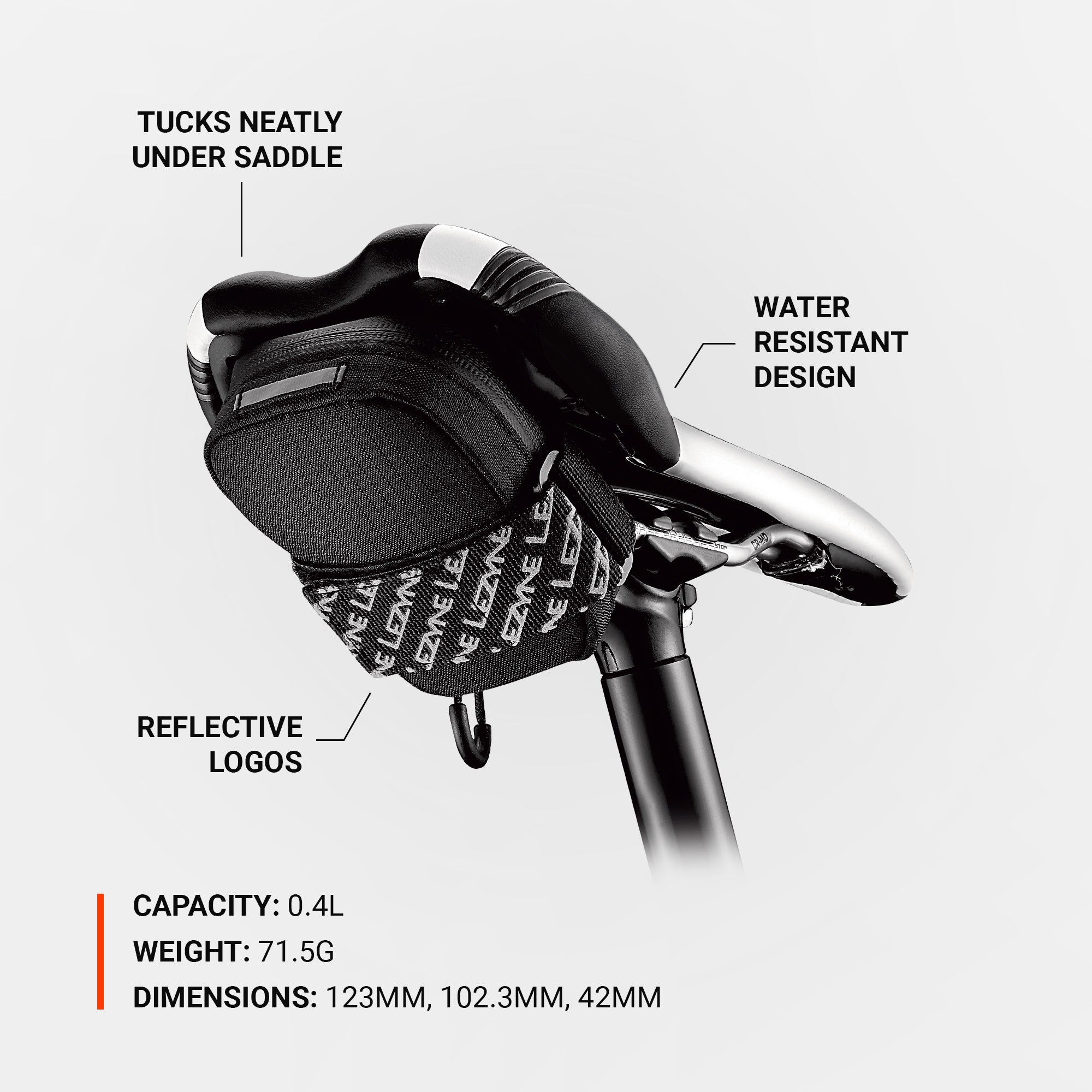 Lezyne Road Caddy saddle bike bag, securely fastened with Velcro straps, ideal for carrying essentials under your saddle.