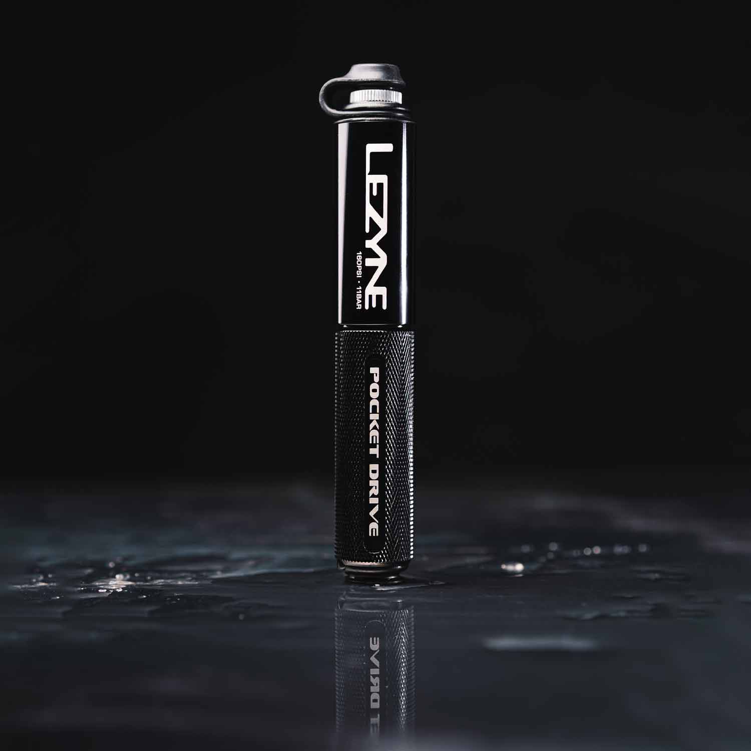 High-pressure Lezyne Pocket Drive air pump, ultra-compact with aluminum durability for road cyclists.