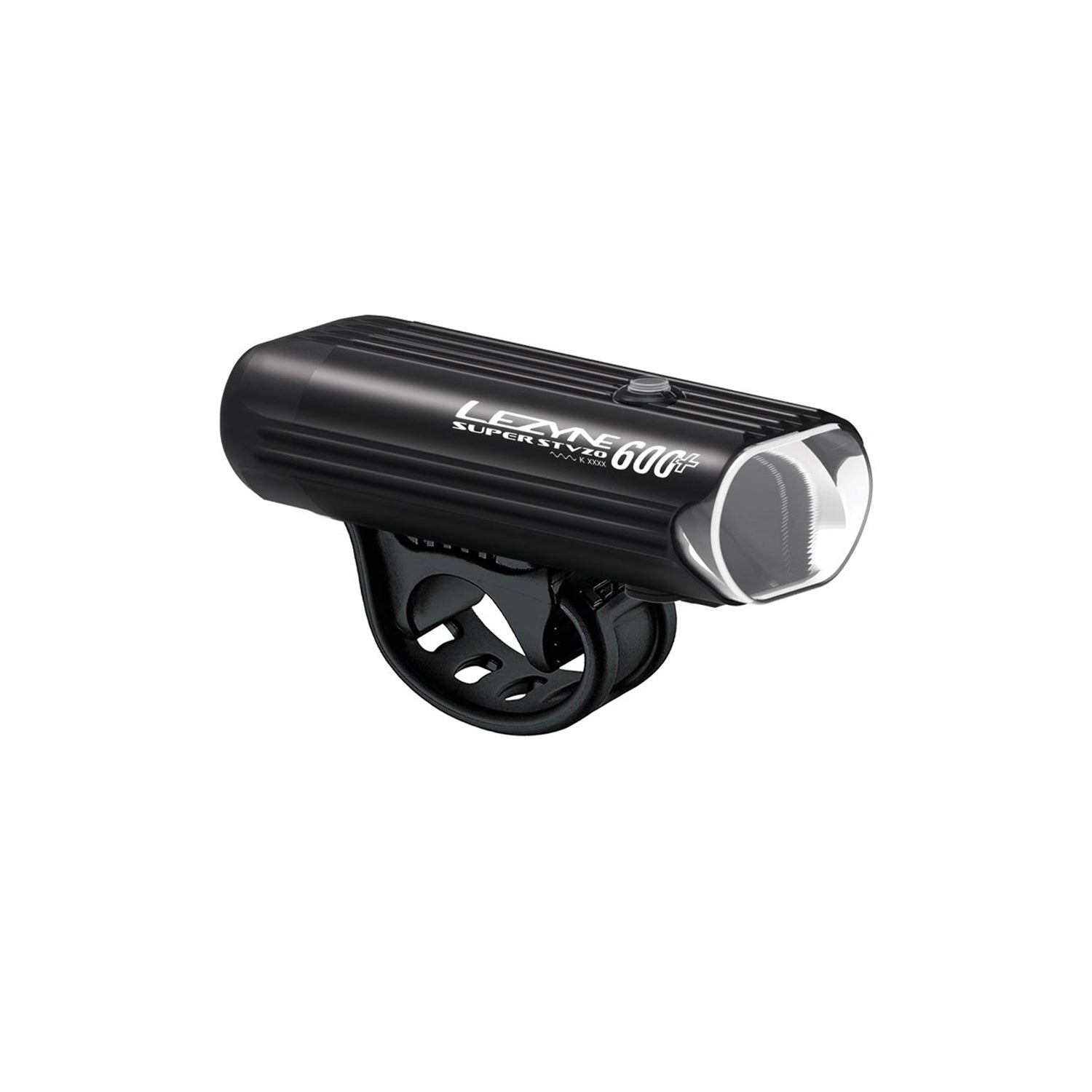 Lezyne Super StVZO 600+ front light, black aluminum housing, side front view.