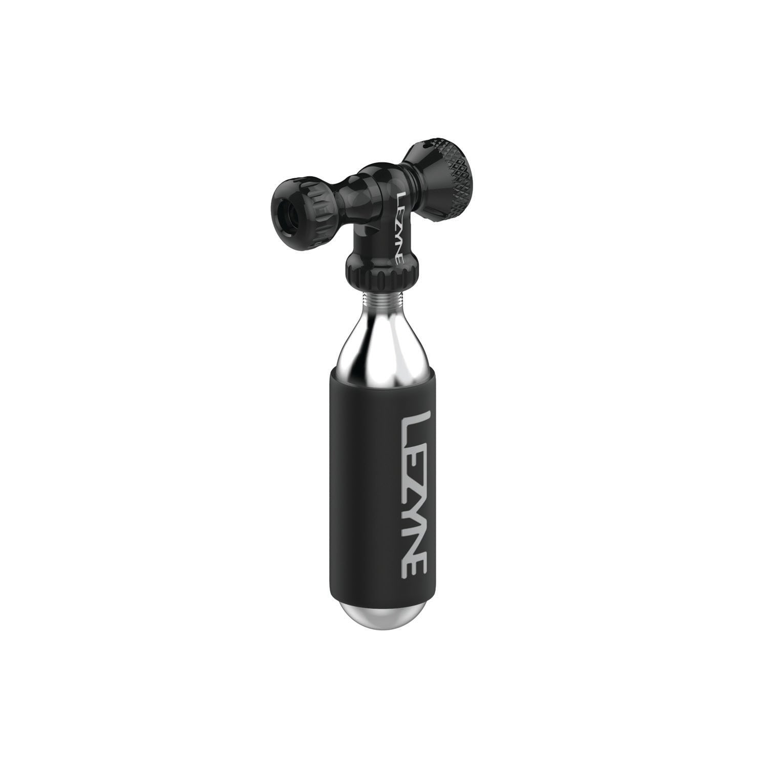 Lezyne Control Drive CO2 inflator in black with CNC-machined aluminum body, twist control knob, and Twin Slip Chuck valve head.