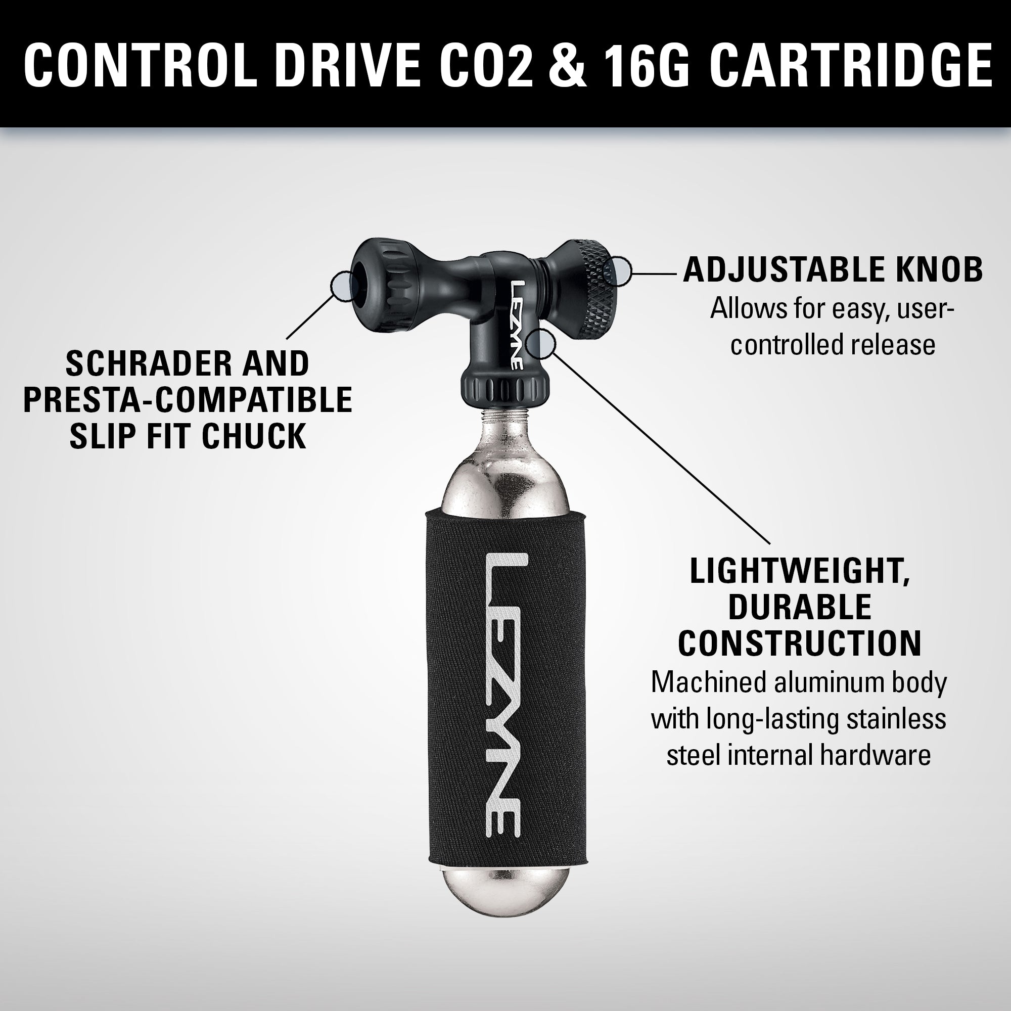 Close-up of Control Drive CO2 inflator showing knurled twist knob, aluminum body, and Twin Slip Chuck head for Presta and Schrader valves.