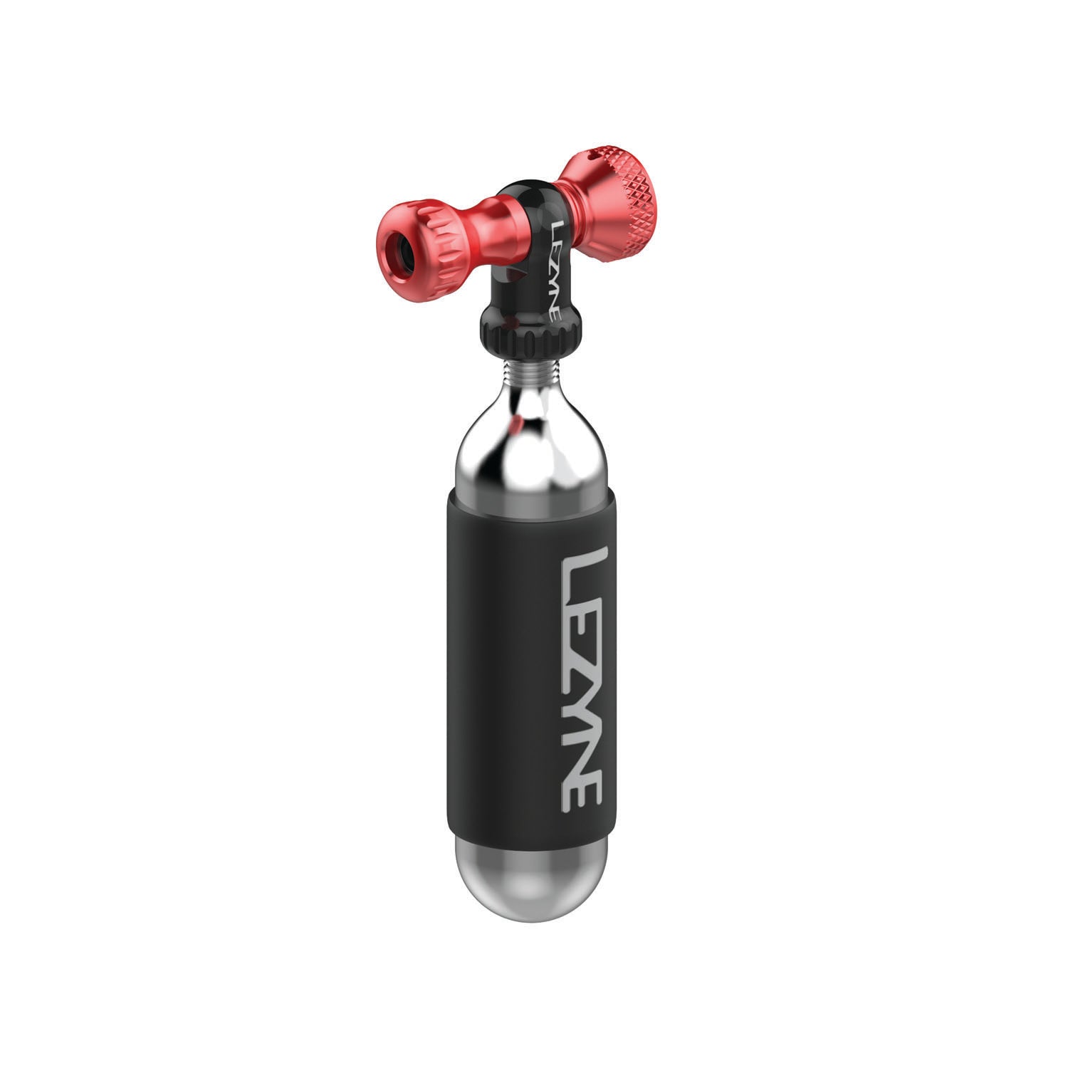 Side view of the red Lezyne Control Drive CO2 inflator with threaded CO2 cartridge, ergonomic twist valve, and Presta/Schrader compatibility.