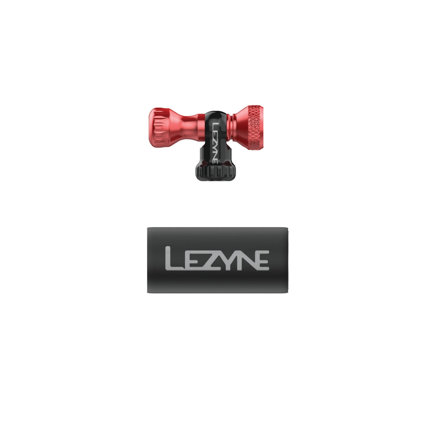 Red anodized Control Drive CO2 inflator head, lightweight and compatible with threaded CO2 cartridges only.