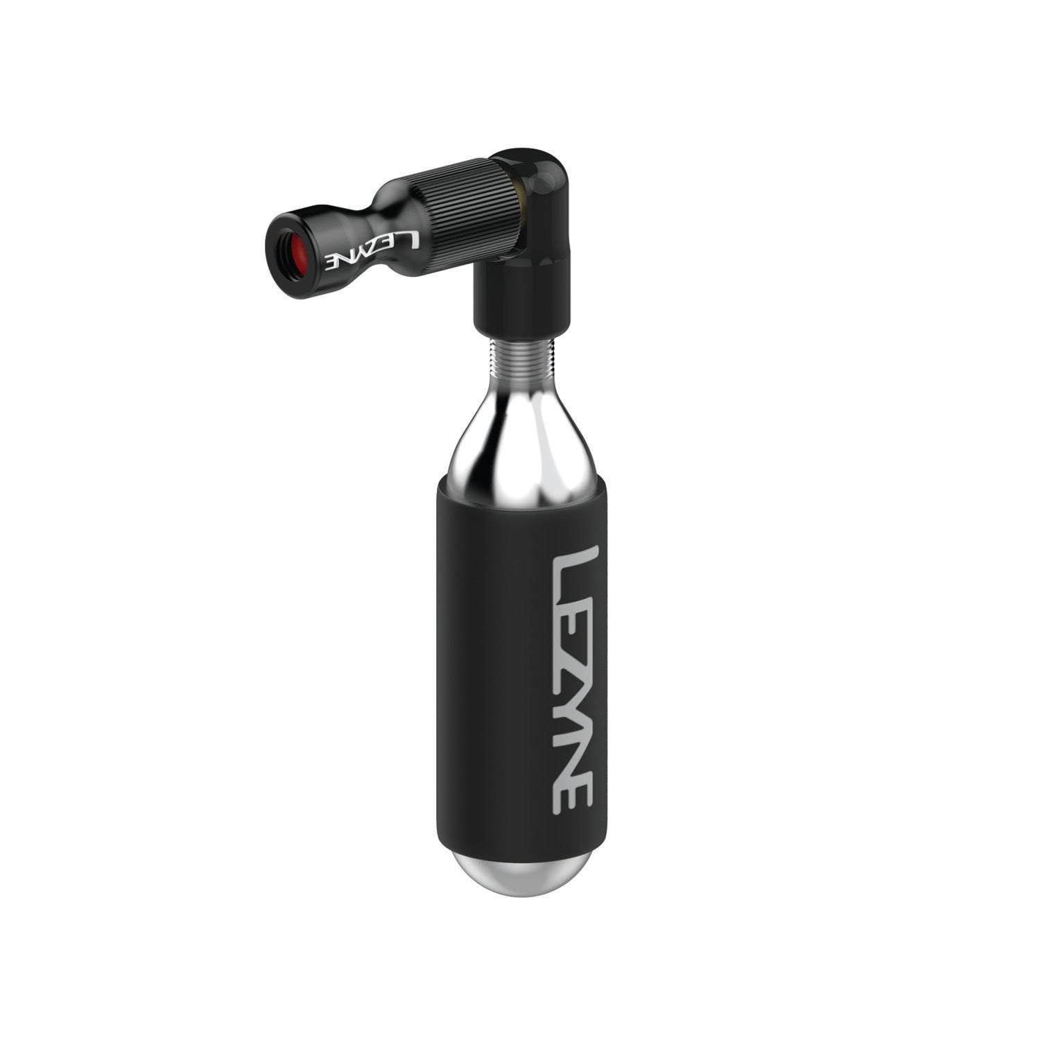 Lezyne Trigger Drive CO2 bike tire inflator in black with cartridge attached, compact and CNC-machined for precision inflation.