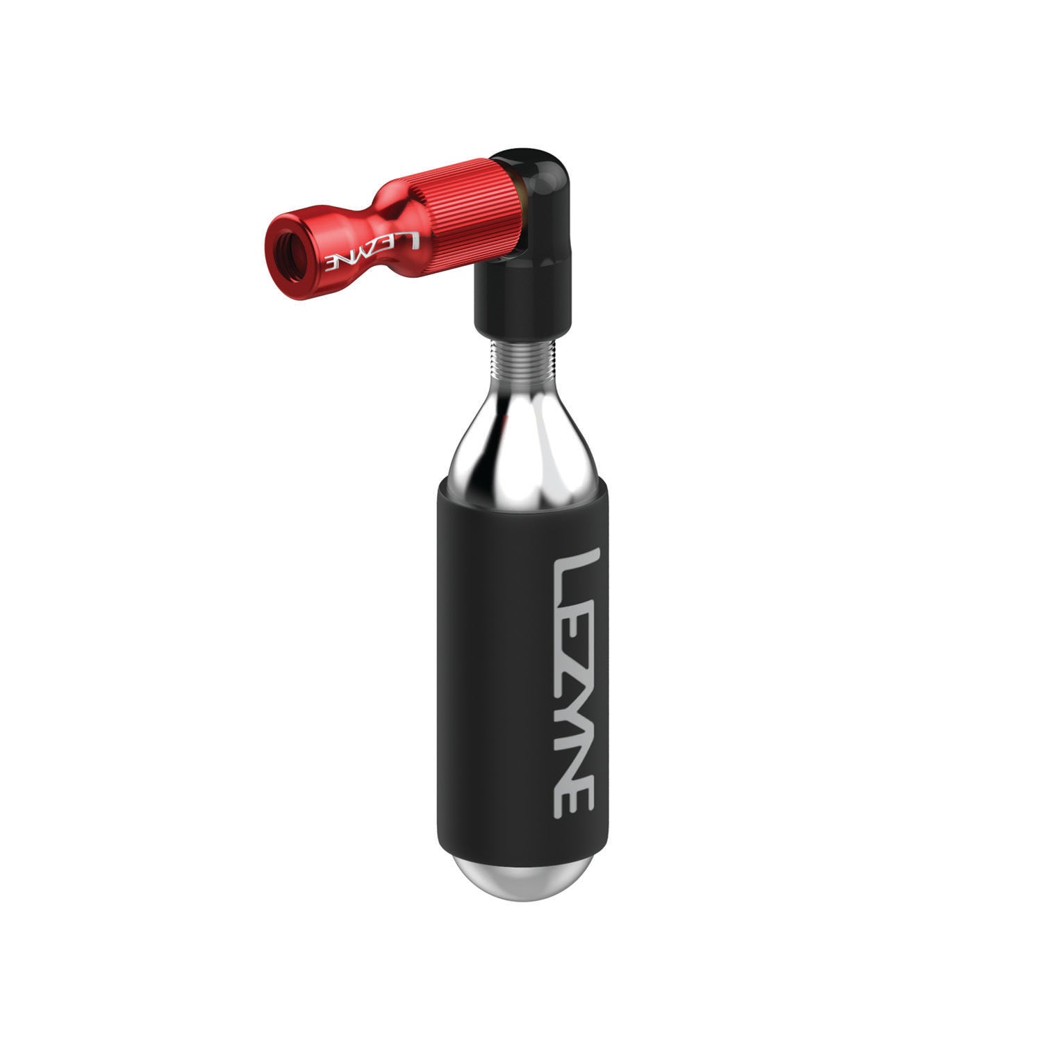 Red Lezyne Trigger Drive CO2 tire inflator with threaded cartridge, built for fast, reliable bike tire inflation on the go.