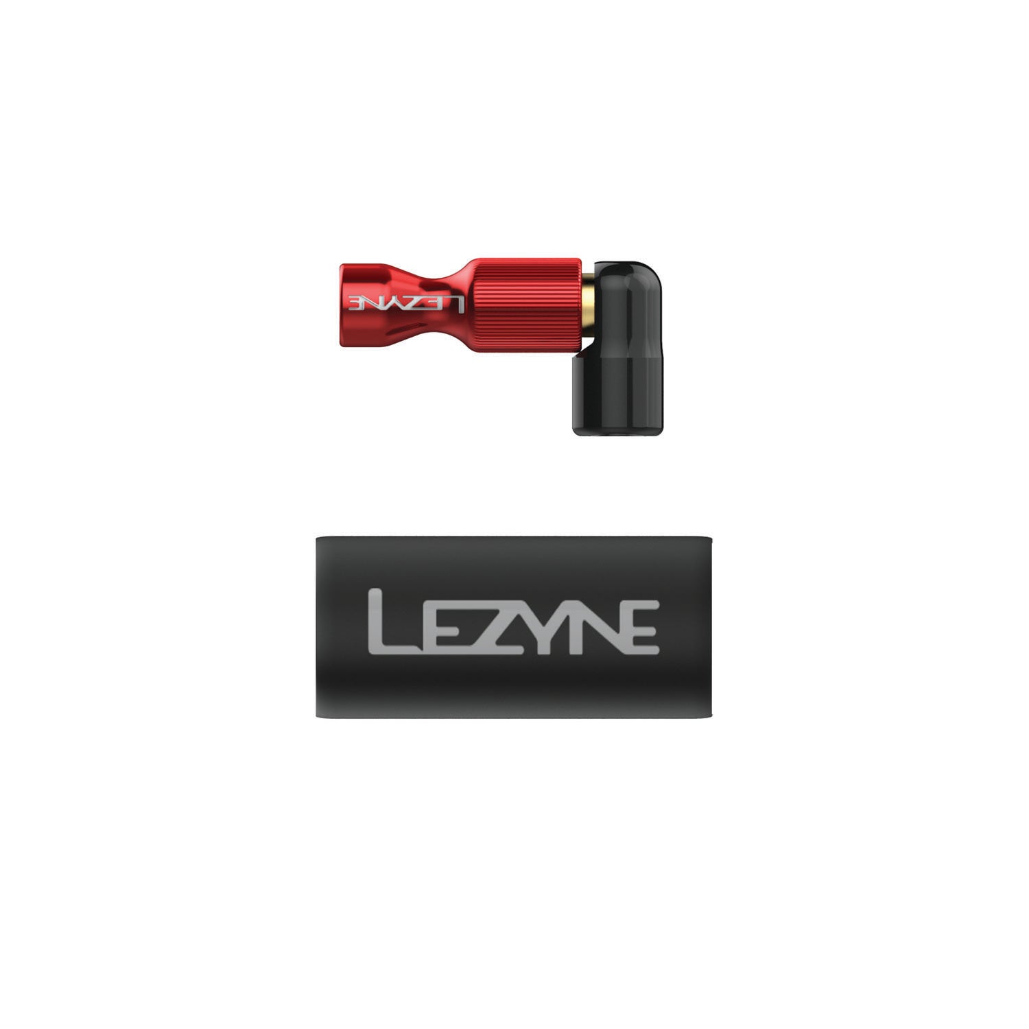 Red anodized Trigger Drive CO2 inflator head, lightweight and built for effortless bike tire inflation with trigger valve control.