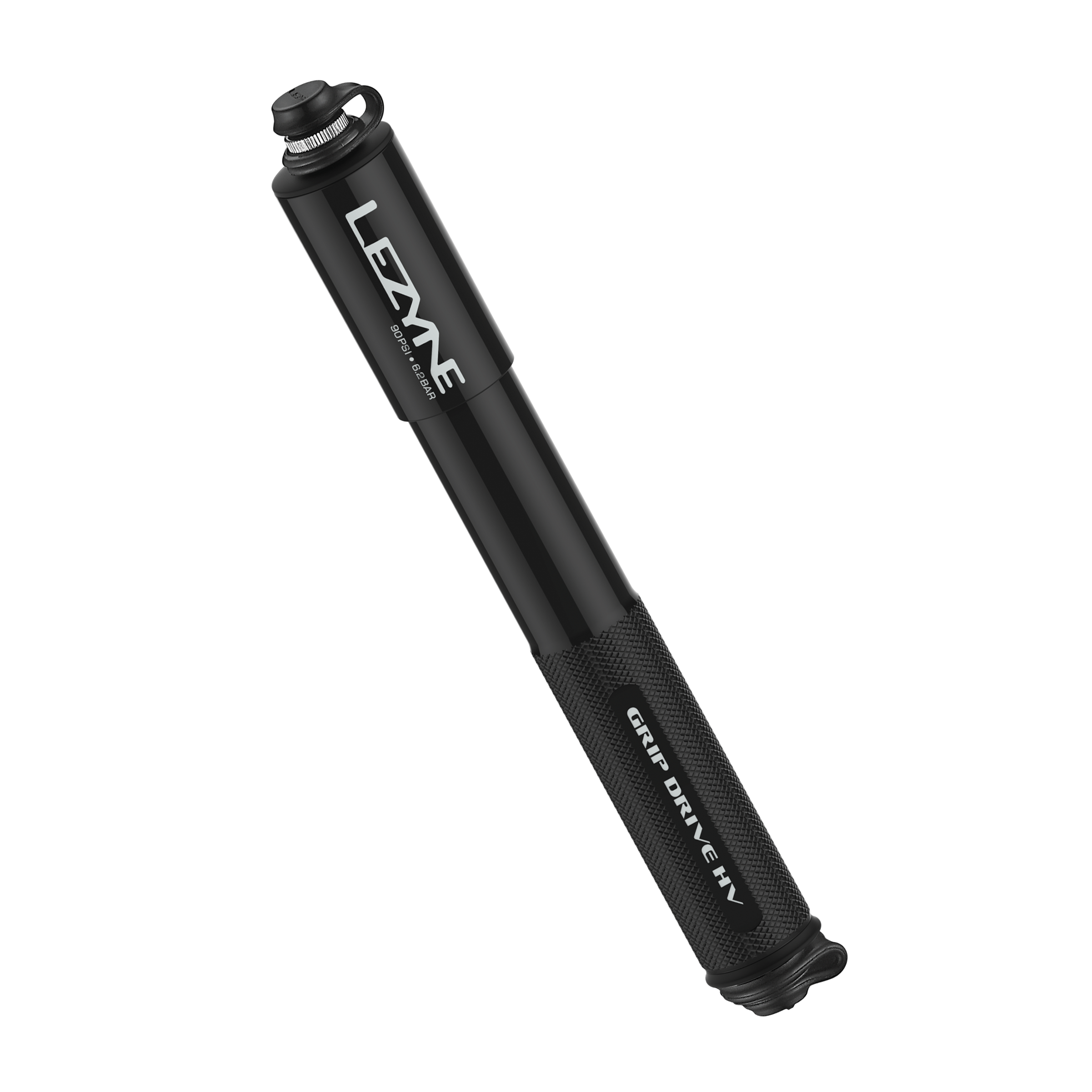 Ergonomic Grip Drive HV bike hand pump by Lezyne with knurled aluminum barrel and integrated ABS Flex Hose for easy inflation. Black color option.