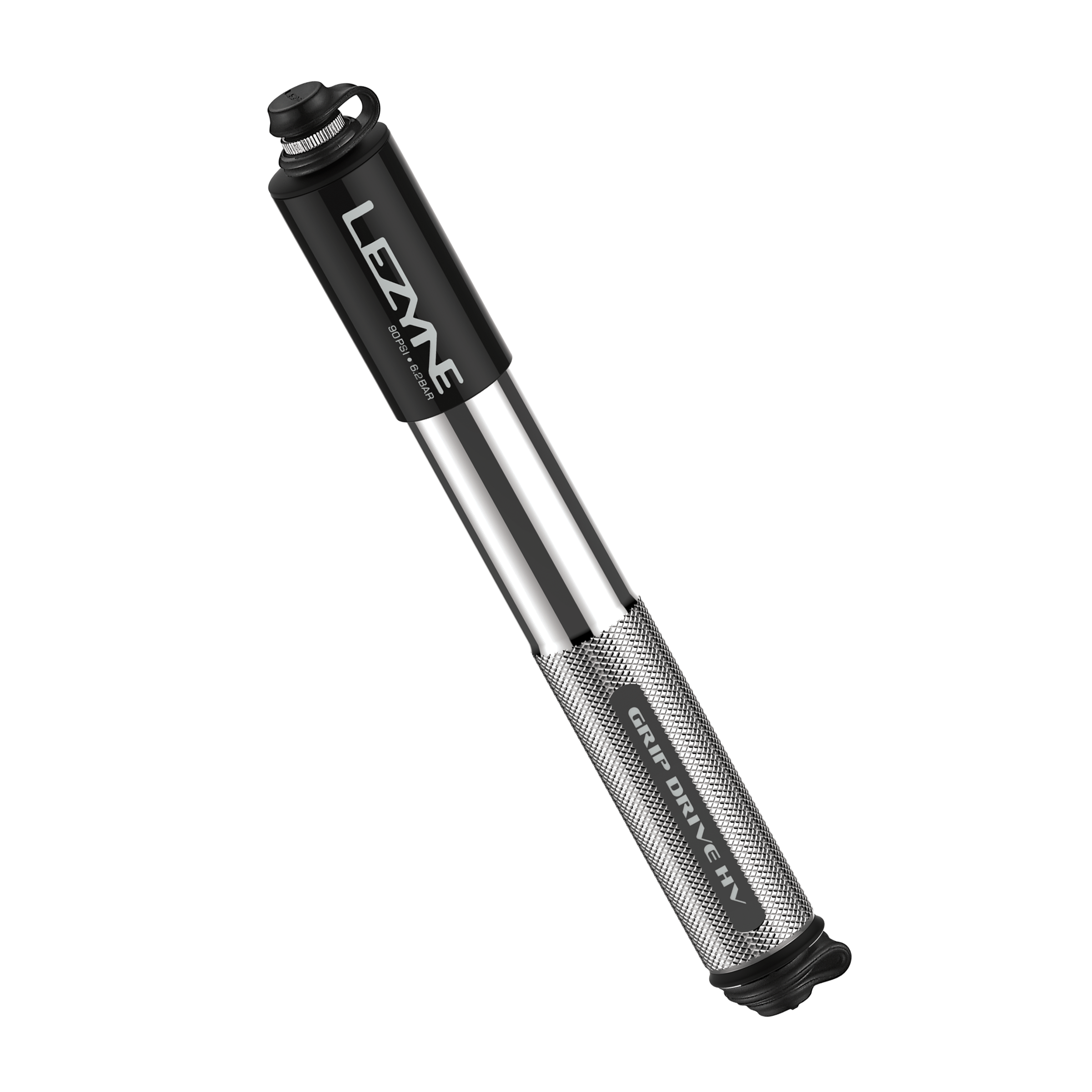 Compact and rugged Lezyne Grip Drive HV hand pump in lite grey, featuring a knurled barrel for superior grip and pumping efficiency.