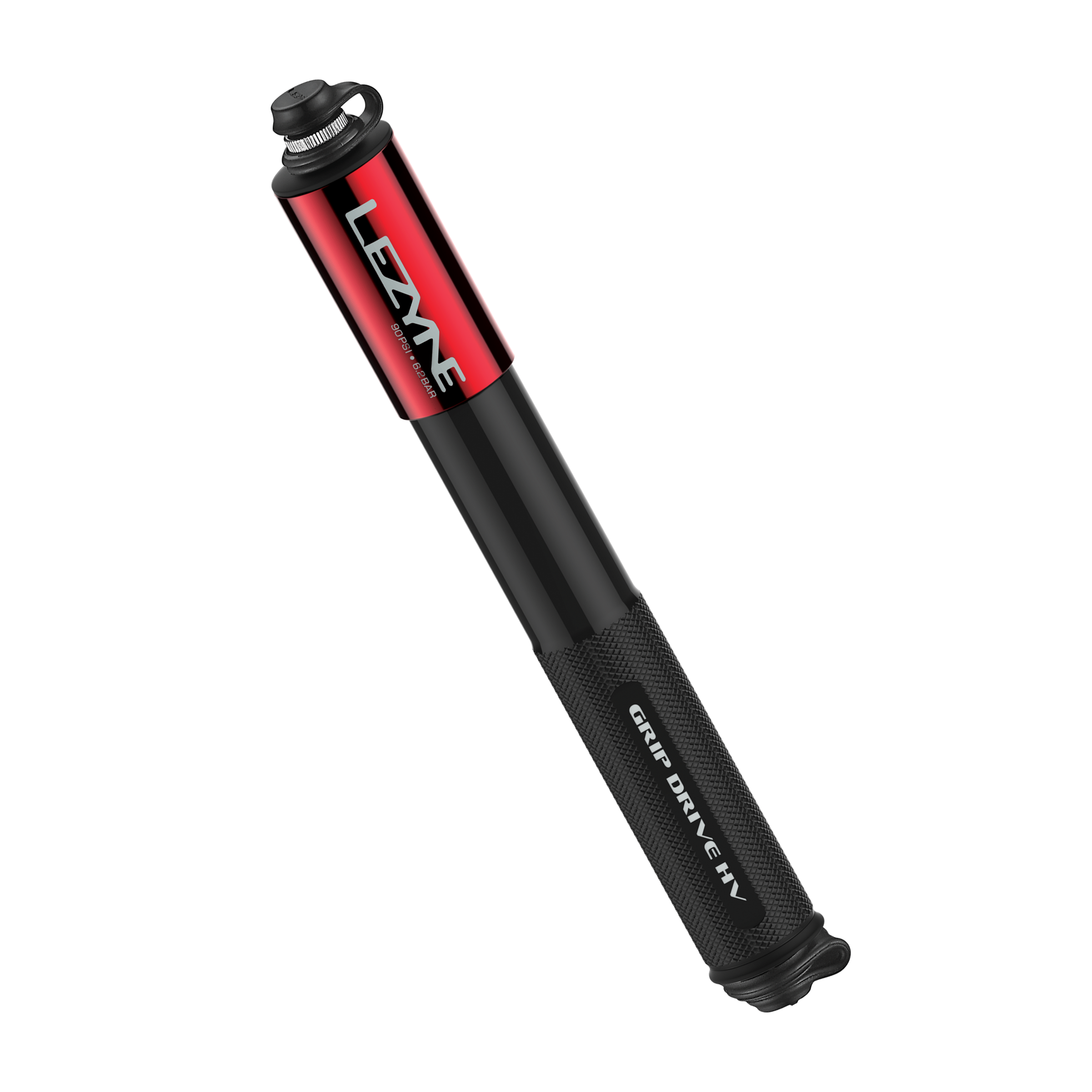 Lightweight and rugged Lezyne Grip Drive HV bike hand pump with ABS Flex Hose for Presta and Schrader valves. Red color option.