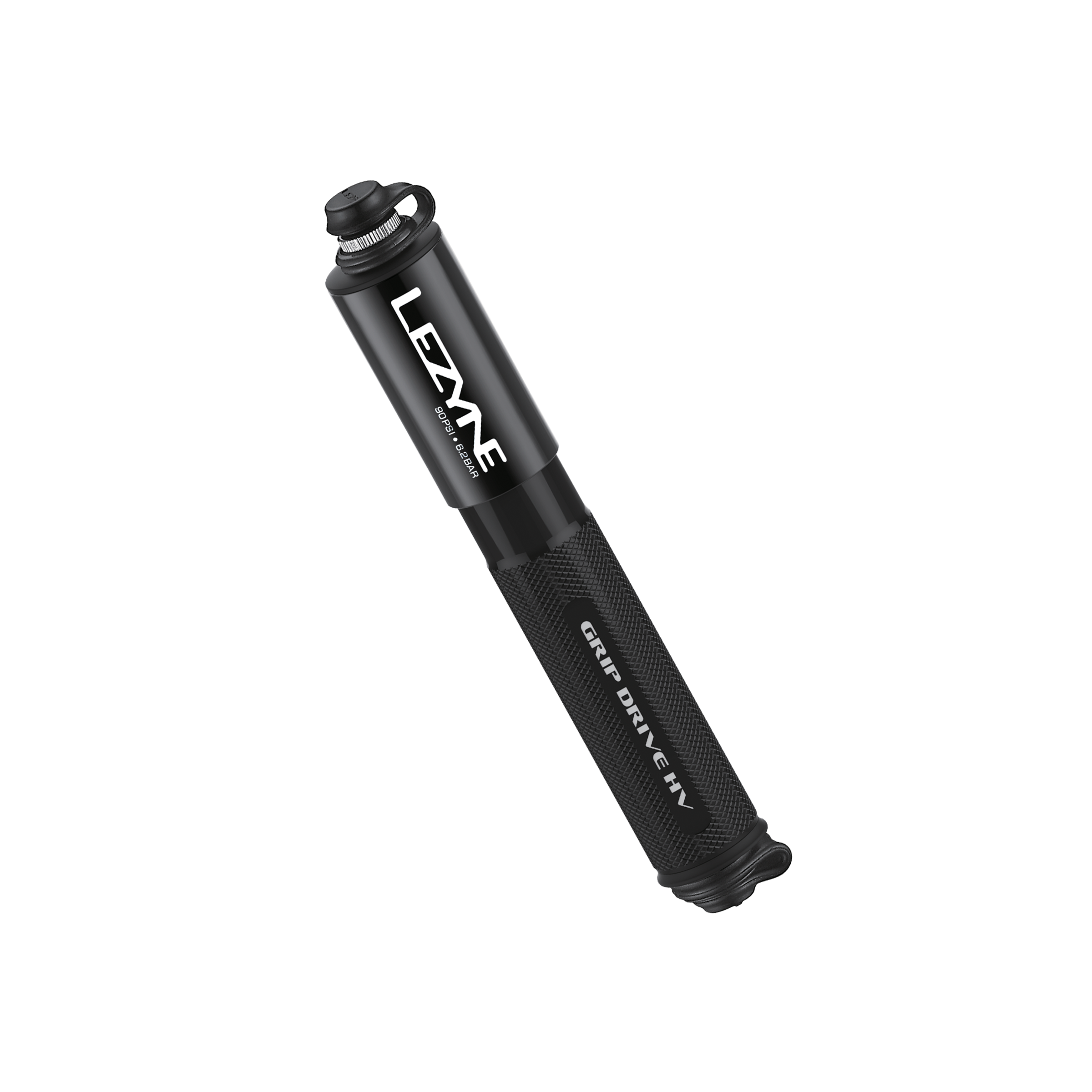 Lezyne Grip Drive HV ergonomic mini bike pump with knurled aluminum barrel, Presta/Schrader compatibility, and lightweight design.