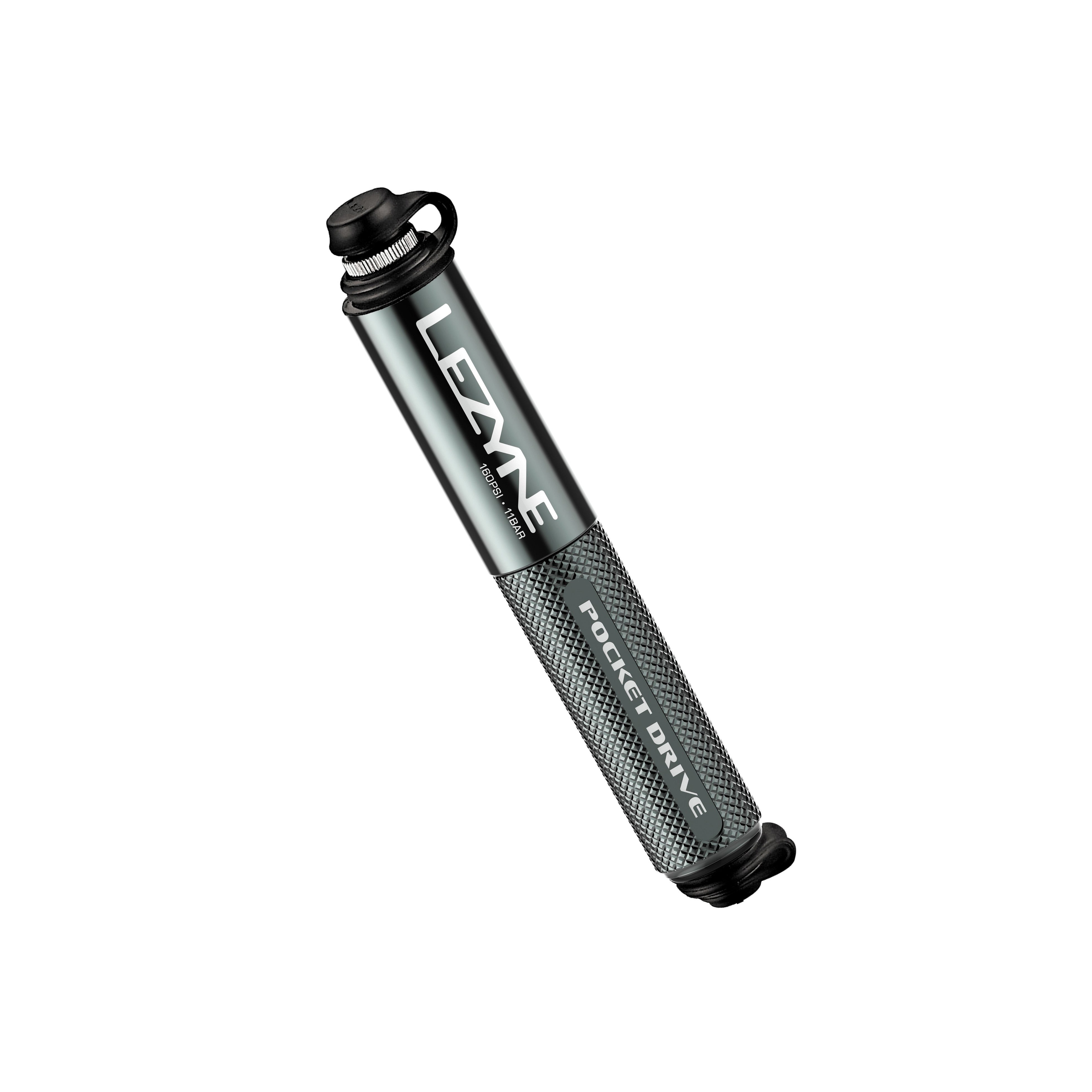 High-performance Lezyne Pocket Drive in lite grey. Compact bike mini pump, ideal for road and gravel riders needing quick and precise tire inflation.
