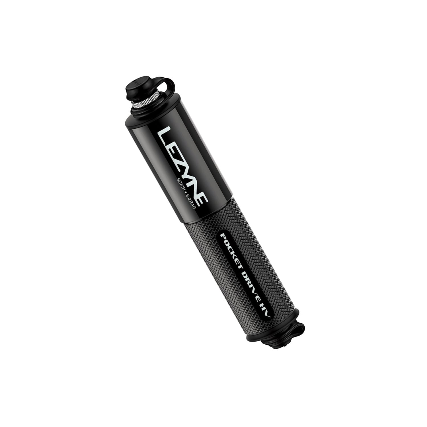 Lezyne Pocket Drive HV bike hand pump, lightweight and compact, designed for high-volume tire inflation with durable aluminum construction.