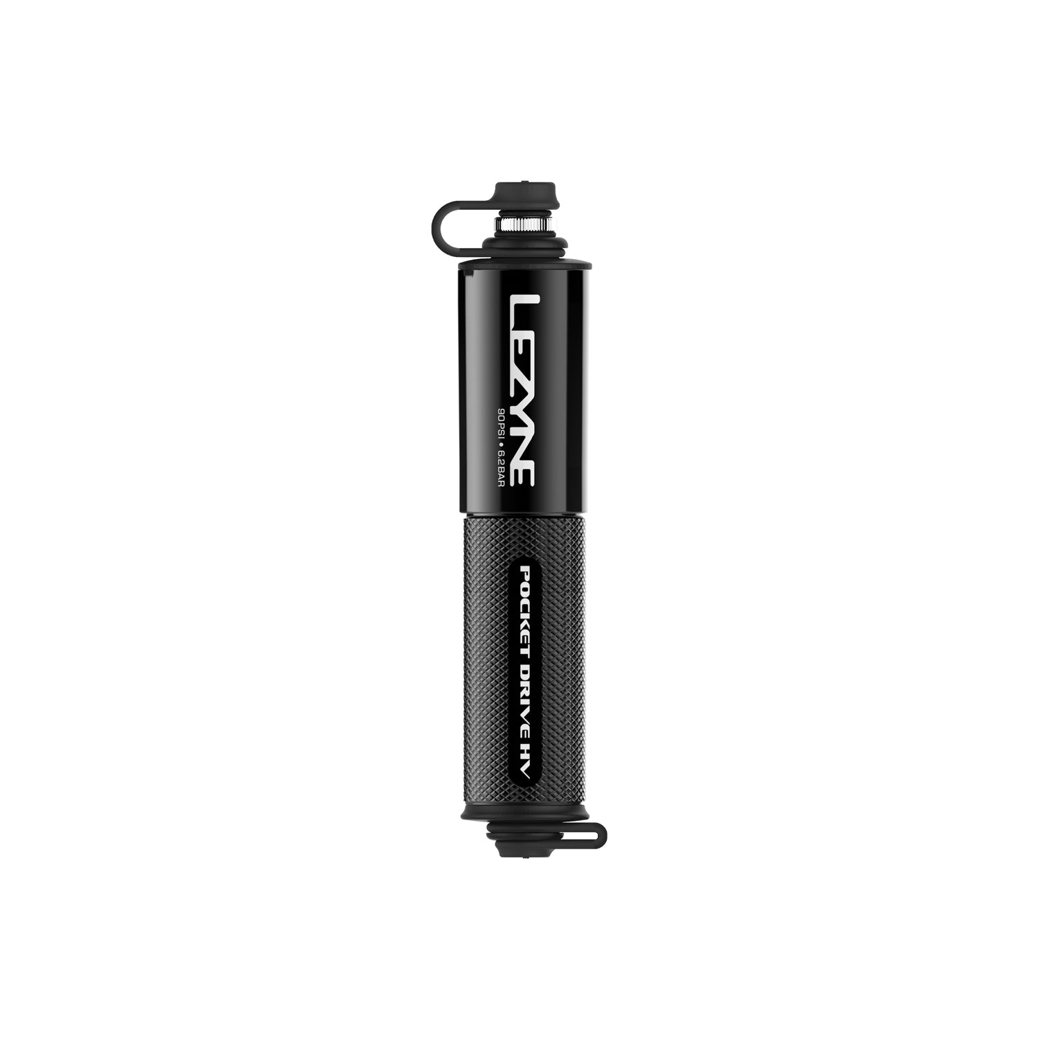 Lezyne Pocket Drive HV. Compact high volume hand pump standing upright in black.