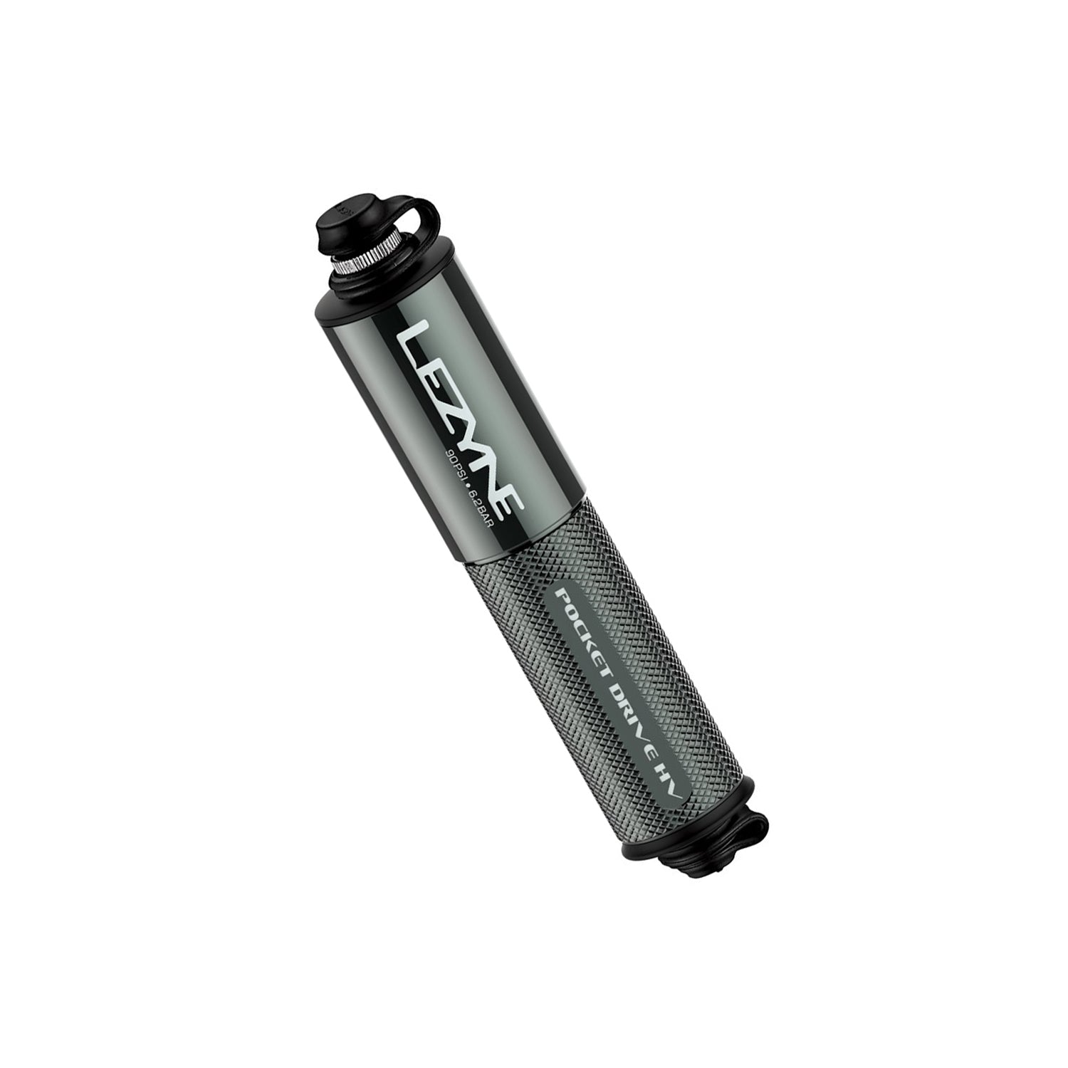 Compact Pocket Drive HV bike mini pump by Lezyne, featuring CNC-machined aluminum and knurled barrel for slip-resistant operation. Color option lite grey.