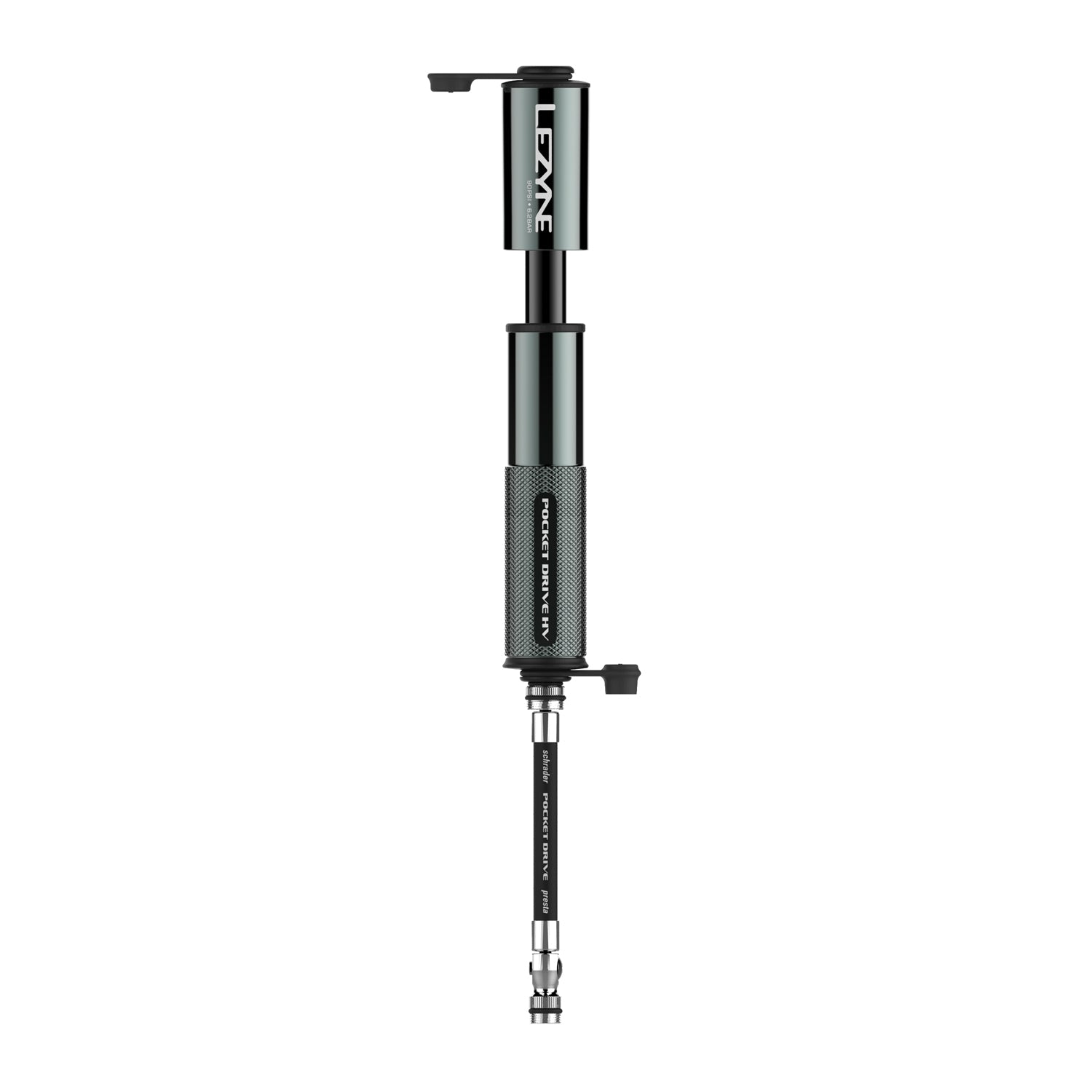Lezyne Pocket Drive HV. Compact high volume hand pump diagram, fully extended in Lite Grey.