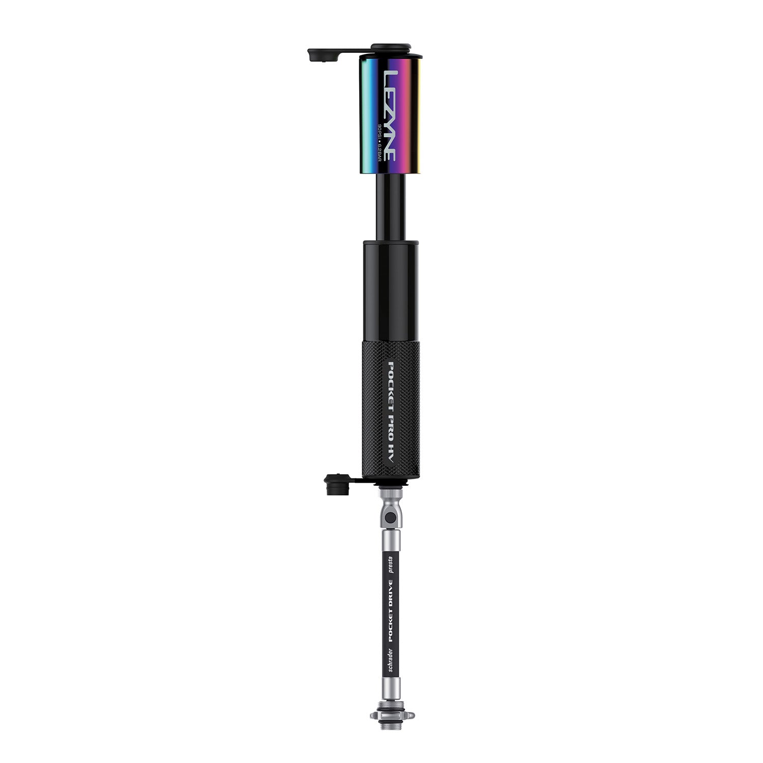 Neo Metallic Pocket Drive Pro HV bike hand pump displayed on white background with frame mount.