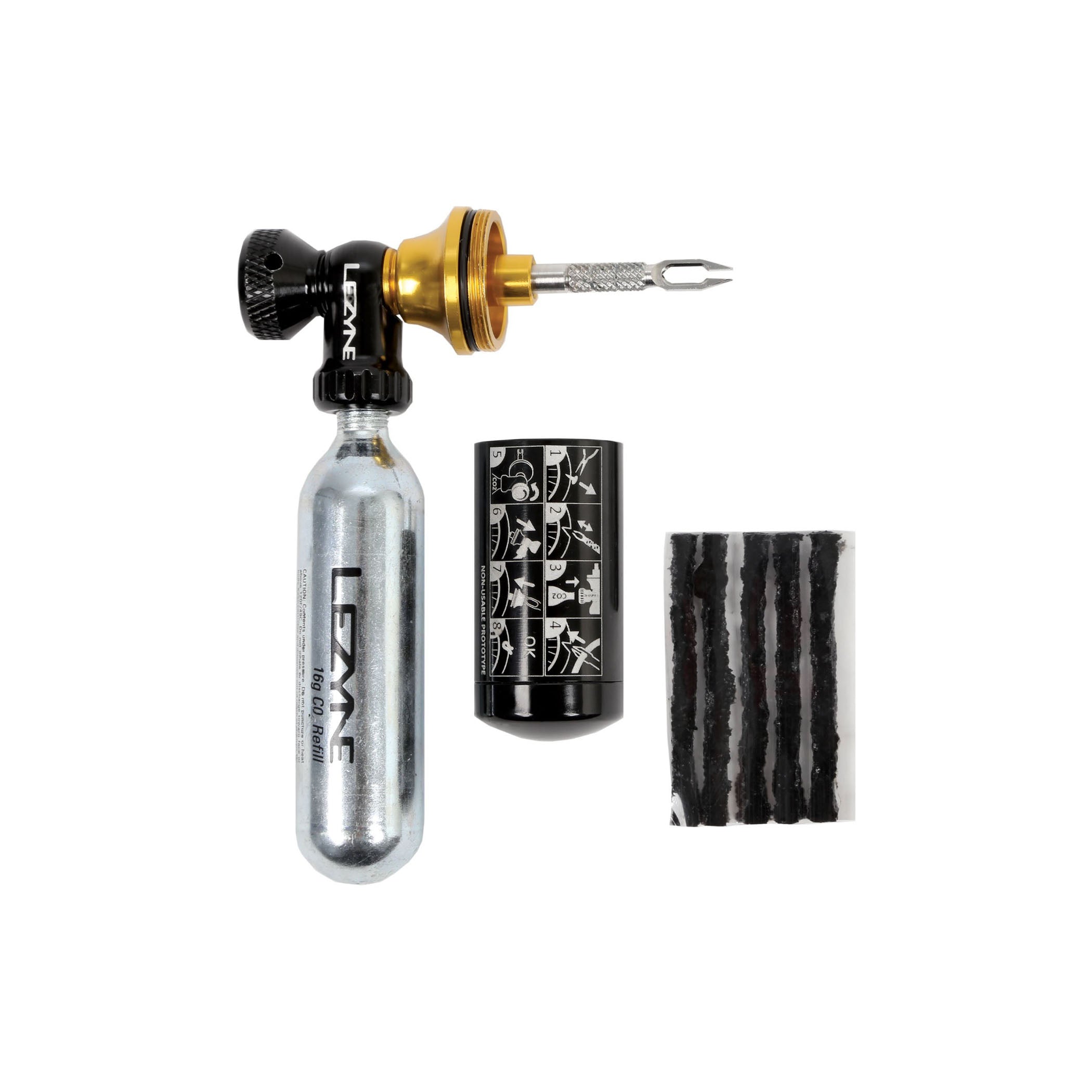 Lezyne Tubeless CO2 Blaster full kit with CO2 cartridges, tire plugs, and reamer for fast tubeless tire repair and inflation.