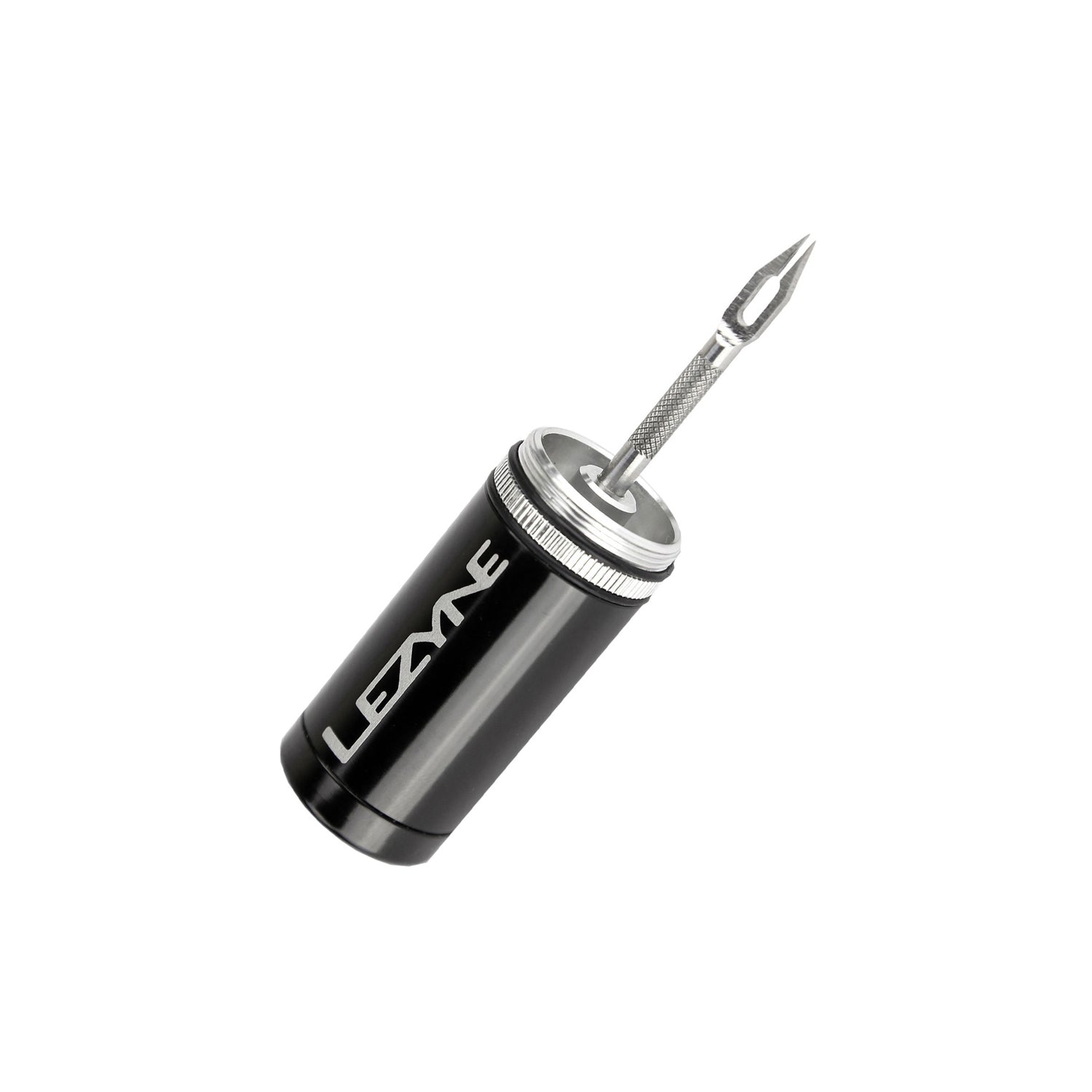 Lezyne Tubeless Kit for bike tire repair, featuring a stainless steel reamer and tacky plugs in a compact aluminum case.