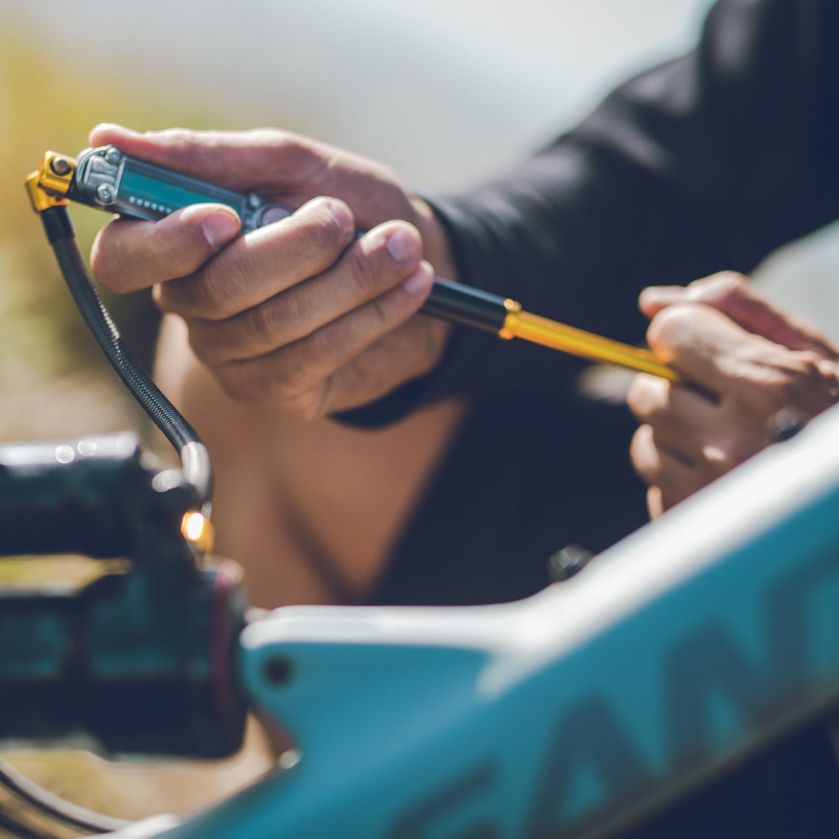 Lezyne shock pump with zero loss chuck ideal for precise air suspension tuning on mountain bikes.