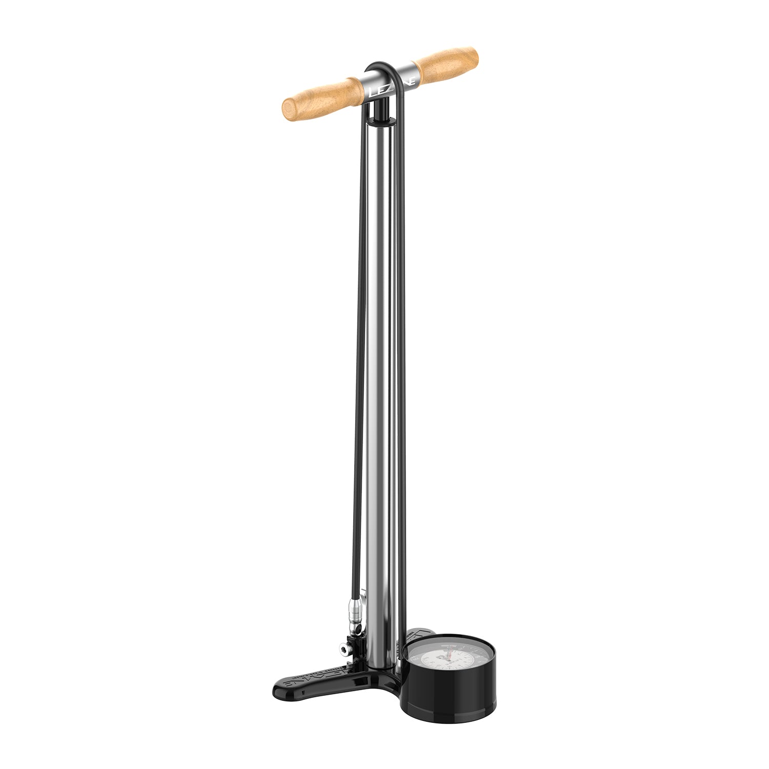 Lezyne Alloy Floor Drive 3.5 floor pump rendering with CNC-machined aluminum construction and wood handle