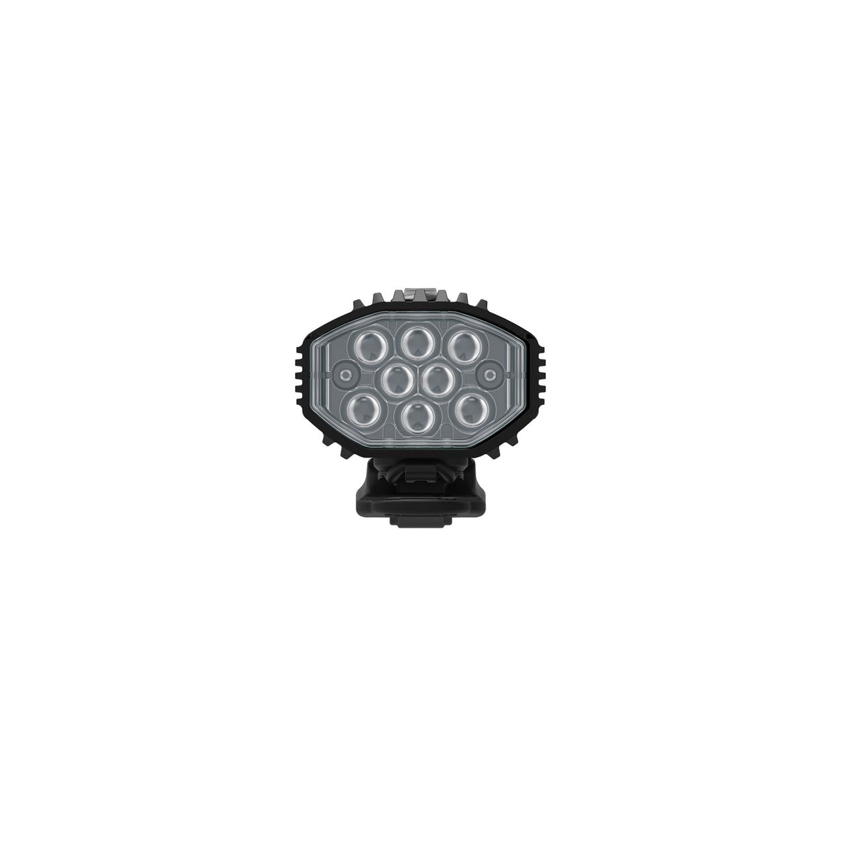 Front view of Lezyne Lite Drive 1200+ LED front bike light, 1200 lumens output with premium aluminum body and cooling fin design for optimal heat management.