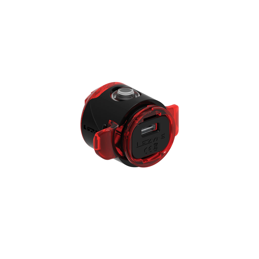 Rear view of the Lezyne FEMTO USB C StVZO REAR, highlighting its USB-C charging port, ensuring convenient and eco-friendly power for daily commuting.